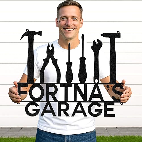Miniatura 24 de Letrero de taller de garaje personalizado para hombres, arte de pared de metal con nombre personalizado para cobertizo mecánico, decoración rústica