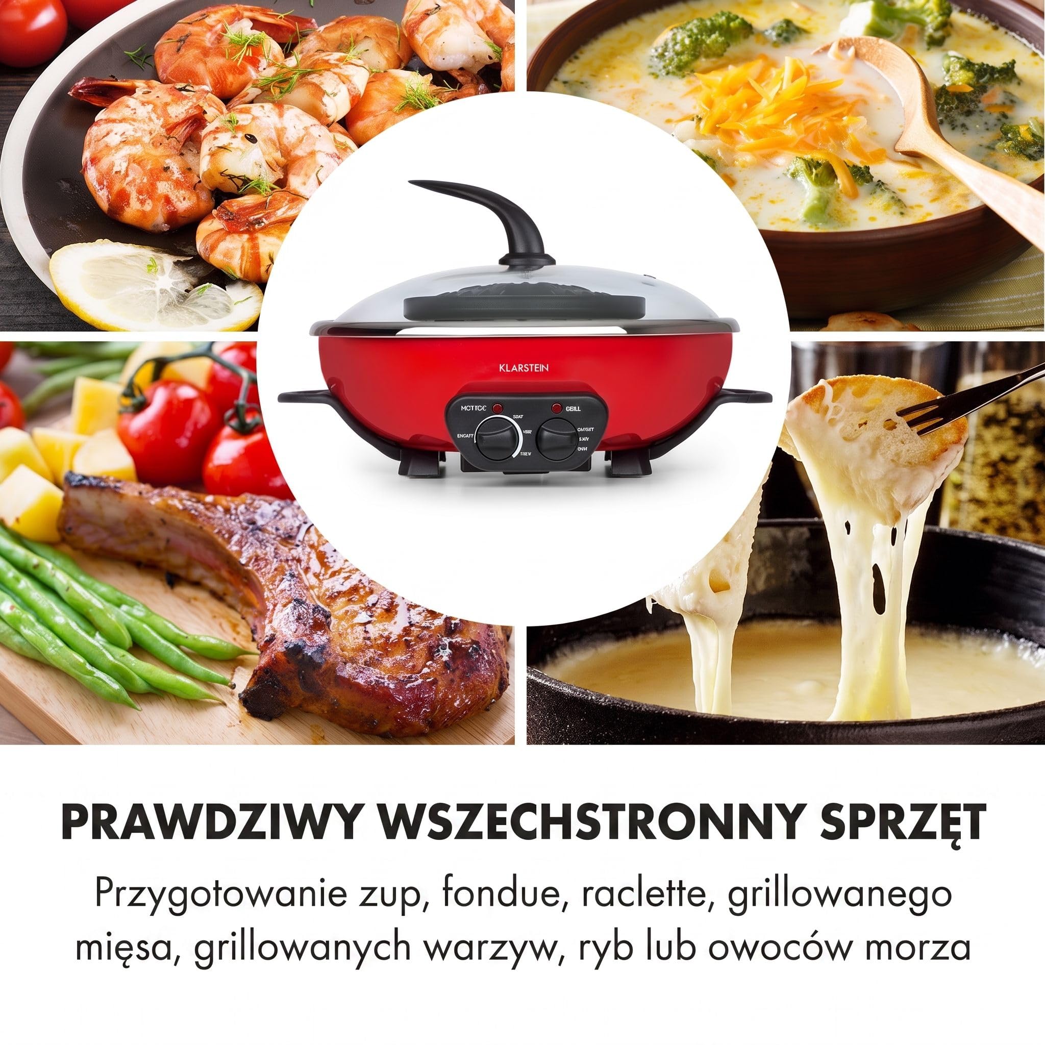 Klarstein Szechuan - Hot Pot i płyta grillowa, Garnek Hot Pot: 5 litrów, Grill 1350 W / 38 cm Ø, Płyta grillowa: 600 W / 22 cm Ø, Element grzejny z aluminium, czerwony