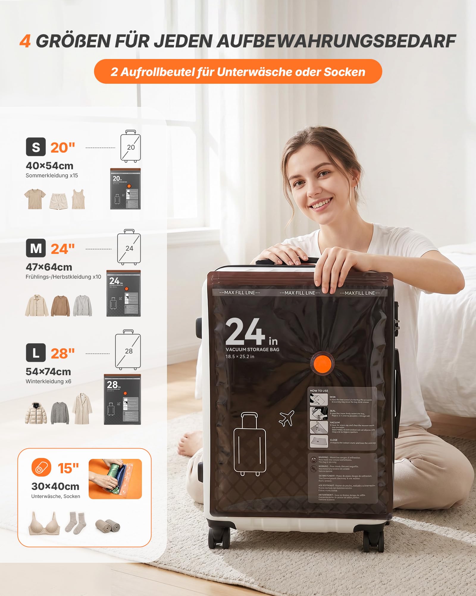 Vakuumbeutel für Kleidung mit kabelloser Vakuumpumpe,Vacuum Bags for Clothing – 15 Beutel (6 * 54x40, 6 * 64x47, 3 * 74x54cm) – Platzsparende Vakuumierbeutel, speziell für Reisen & Kofferorganisation