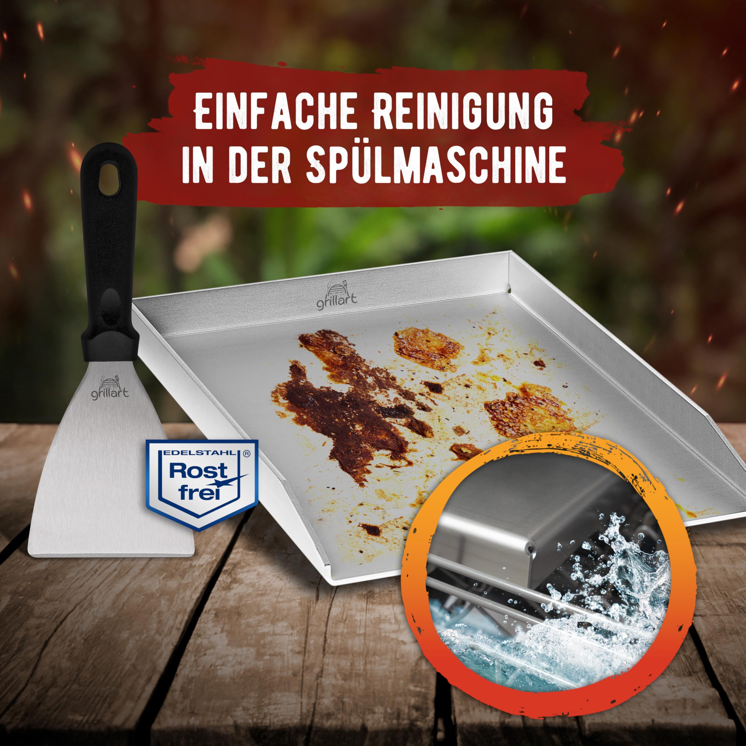 grillart® Premium Plancha Grillplatte mit Grillspachtel aus massiven 4mm Edelstahl – 30x40cm Universalgröße auch Induktion geeignet – Spülmaschinenfest und rostfrei