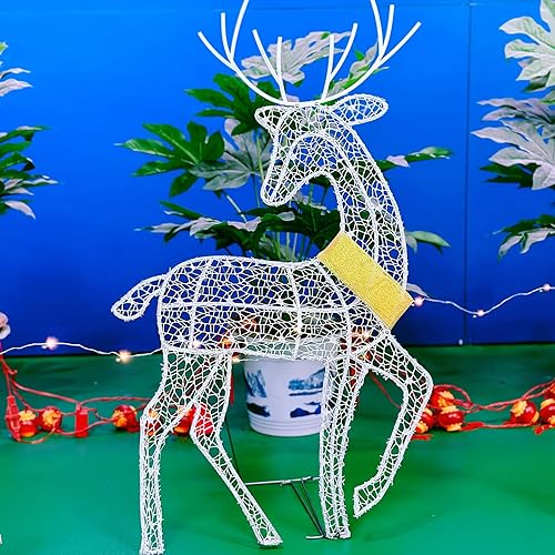 Miniatura 5 de Juego familiar de ciervos de Navidad para decoración de patio familiar de ciervos al aire libre con luz LED para exteriores (blanco, dólar)
