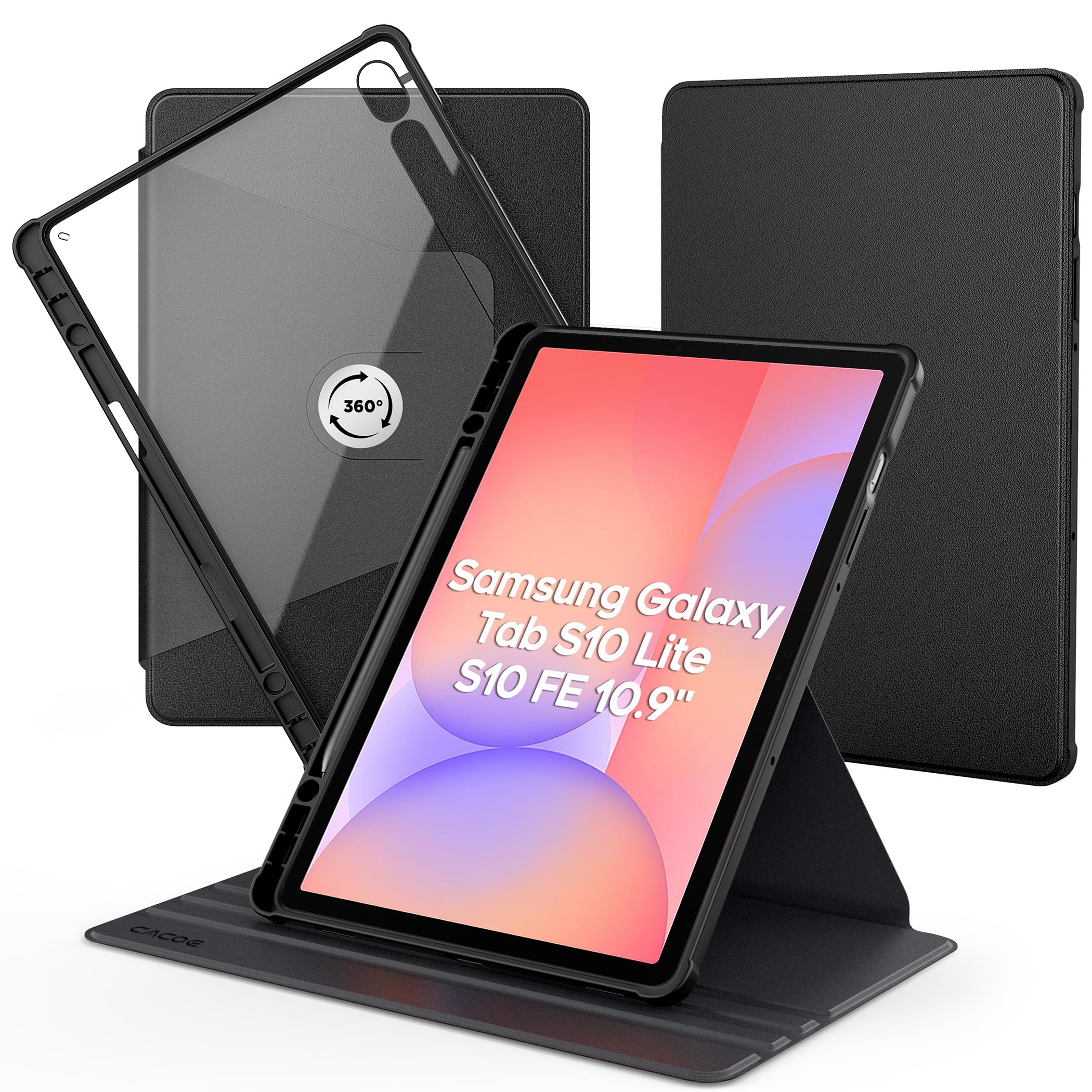 CACOE Drehbare Hülle für Samsung Galaxy Tab S10 Lite/ S10 FE 10.9" 2025/ S9 FE 10.9" /S9 11 Zoll mit S Pen Halter, 360 Grad Drehbare Schutzhülle Acryl, Transparente Rückseite Stoßfest Grenze (Schwarz)