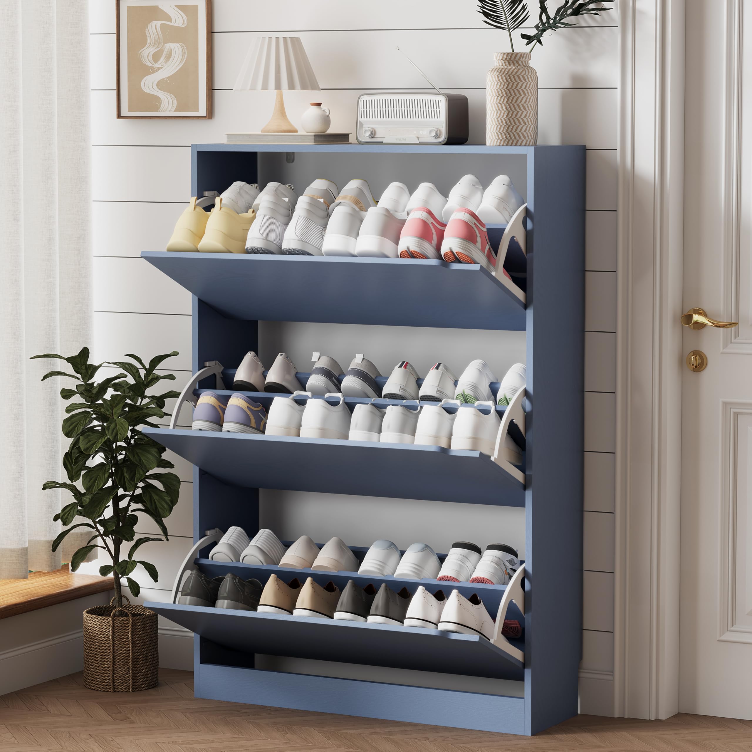 Xixini Shoe Storage Cabinet for Entryway with 3 Flip Drawers, Sturdy Wood Hidden Shoe Storage, Freestanding Narrow Slim Shoe Organizer for Front Door