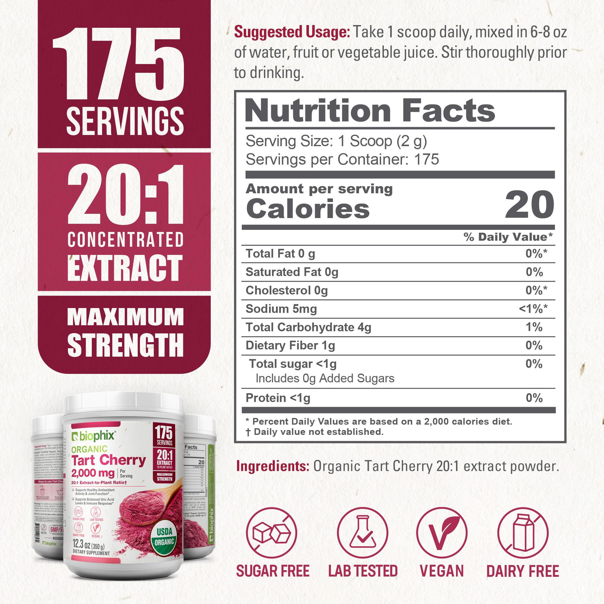 biophix Tart Cherry Powder Organic USDA 20:1 Extract 12.3 oz 350 g - Antioxidant-Rich Superfood - Supports Heart Health - Digestive Health - Natural Flavor - No Sugar Added — Amazon image 6