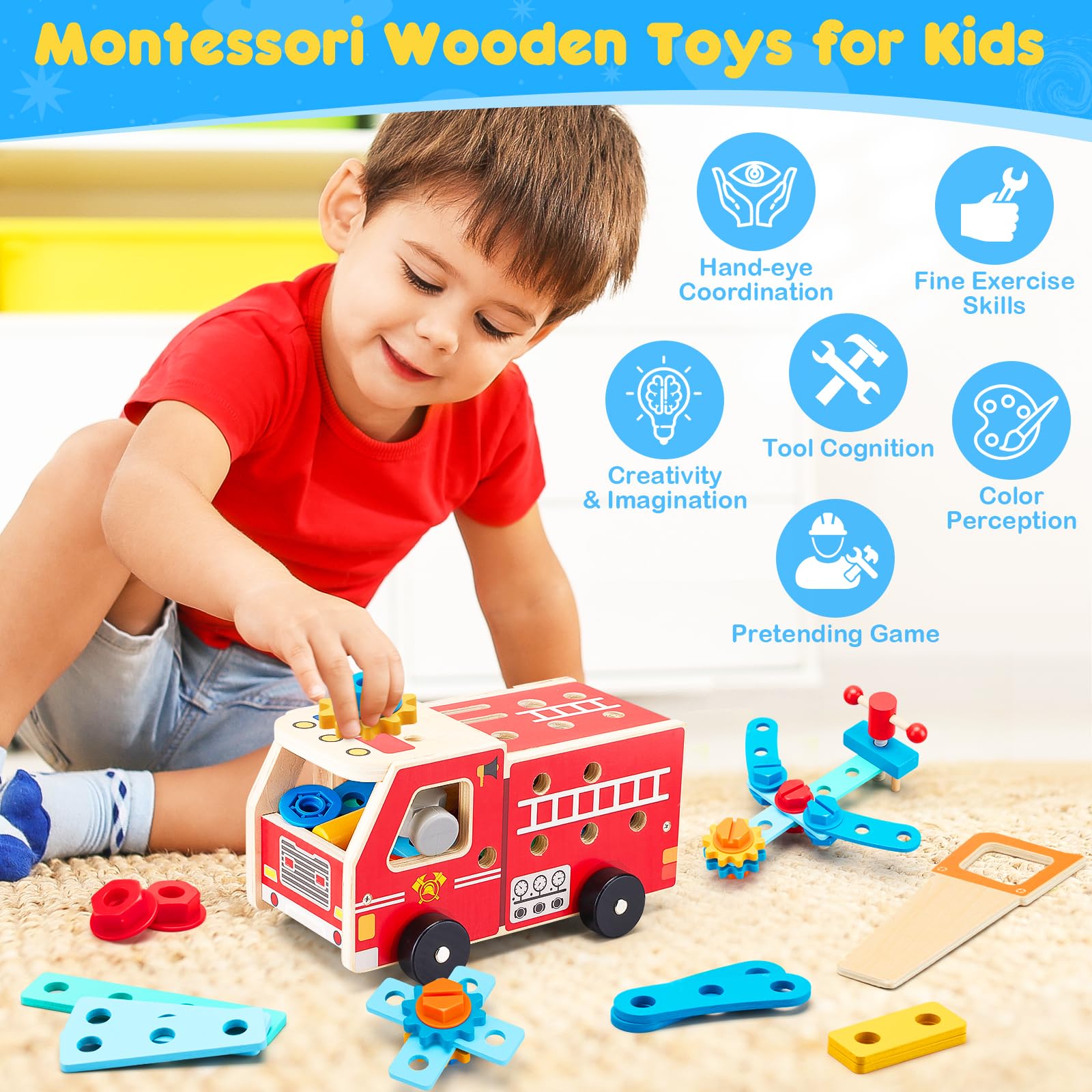 Zorbly Kids Tool Set Firetruck Wooden Toys For 2 3 4 5 6 Year Old - Image 2