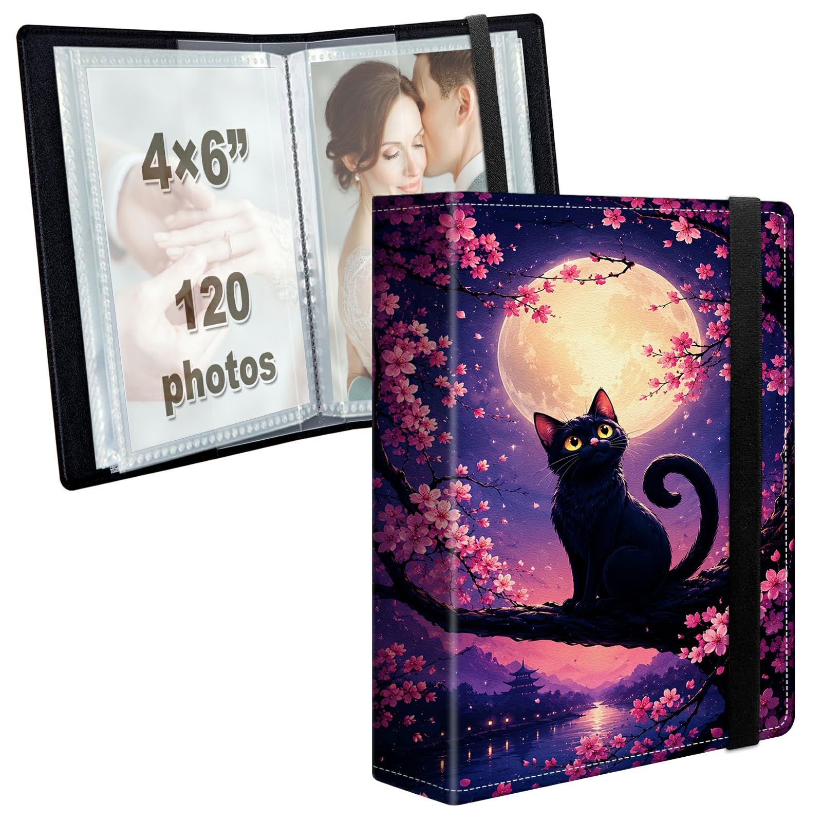Photo Album 4x6 120 Photos with Strong Elastic Band, Full Moon Black Cat