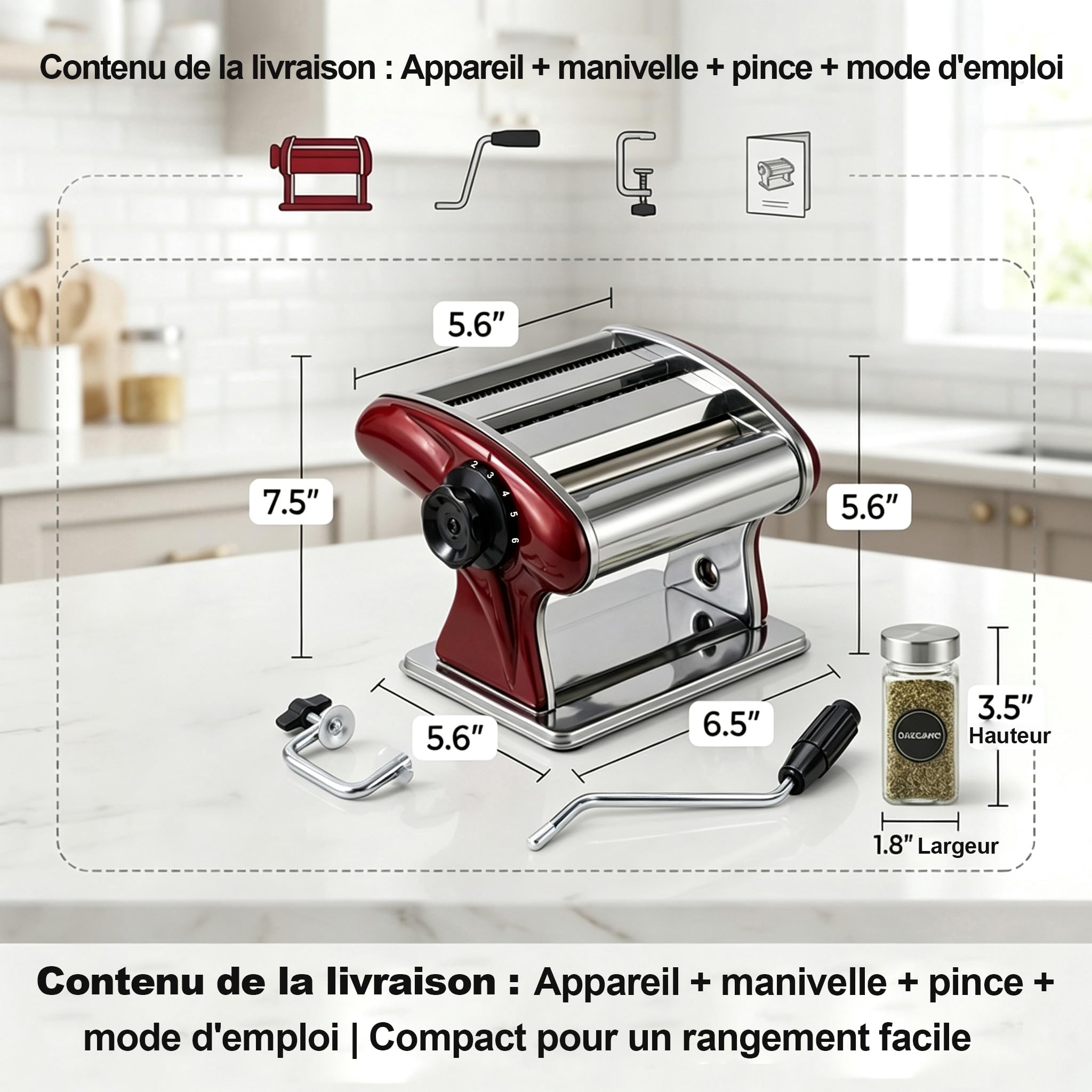 Machine à Pâtes Manuelle en Acier Inoxydable - 6 Épaisseurs Réglables, Double Couteaux (2mm/4mm) pour Spaghetti/Fettuccine - Rouge, Compacte (Idée Cadeau Cuisine)