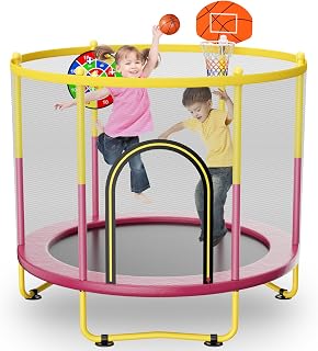 Baotree 6FT Kids Trampoline Ages 1-8 with Safety Enclosure, Basketball Hoop & Dart Board - Indoor Outdoor Toddler Fun