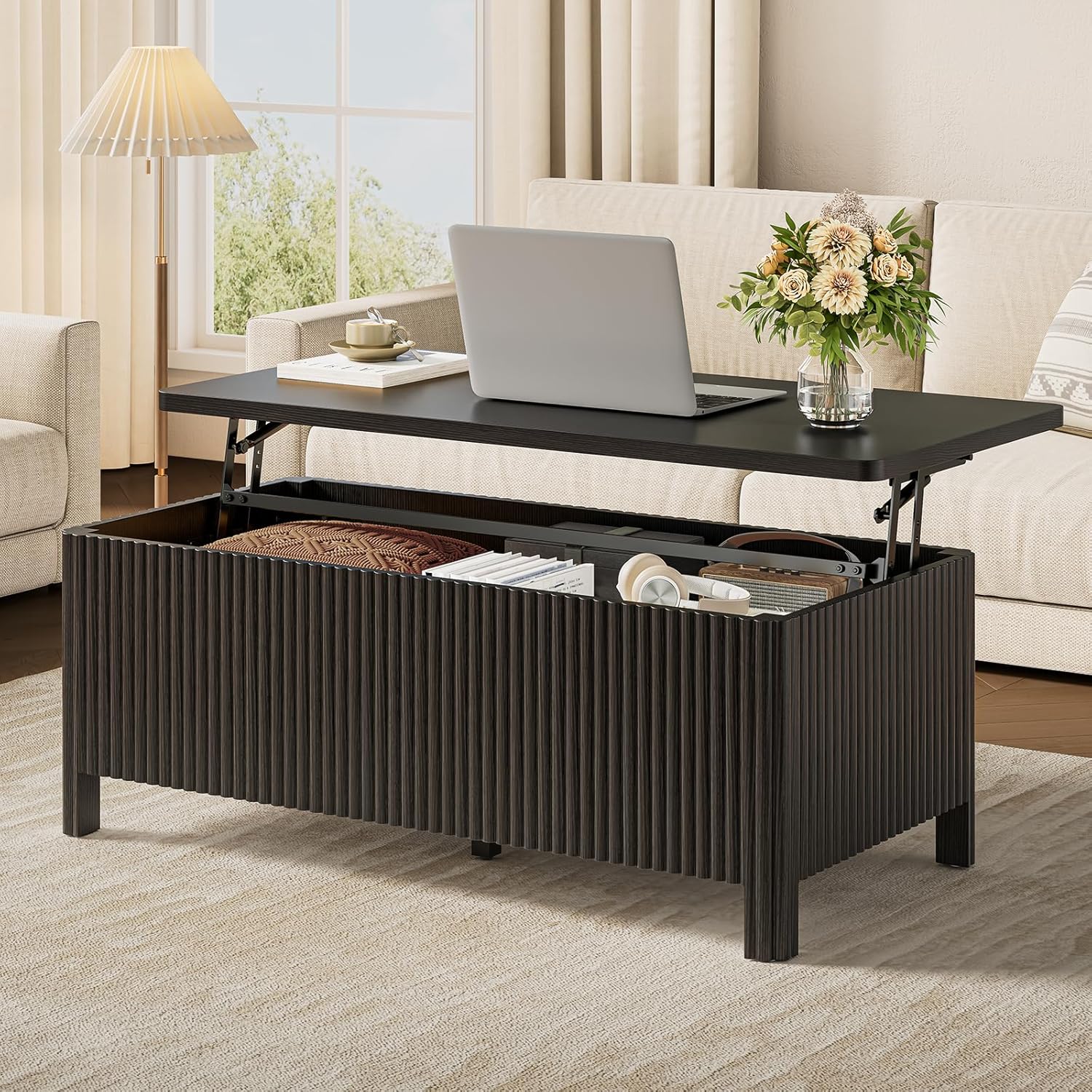 ONBRILL Fluted Lift Top Coffee Table with Storage, Mid Century Modern Coffee Table with Hidden Compartment, Rising Top Wood Center Table for Living Room, Home Office, Rounded Edges (Black)
