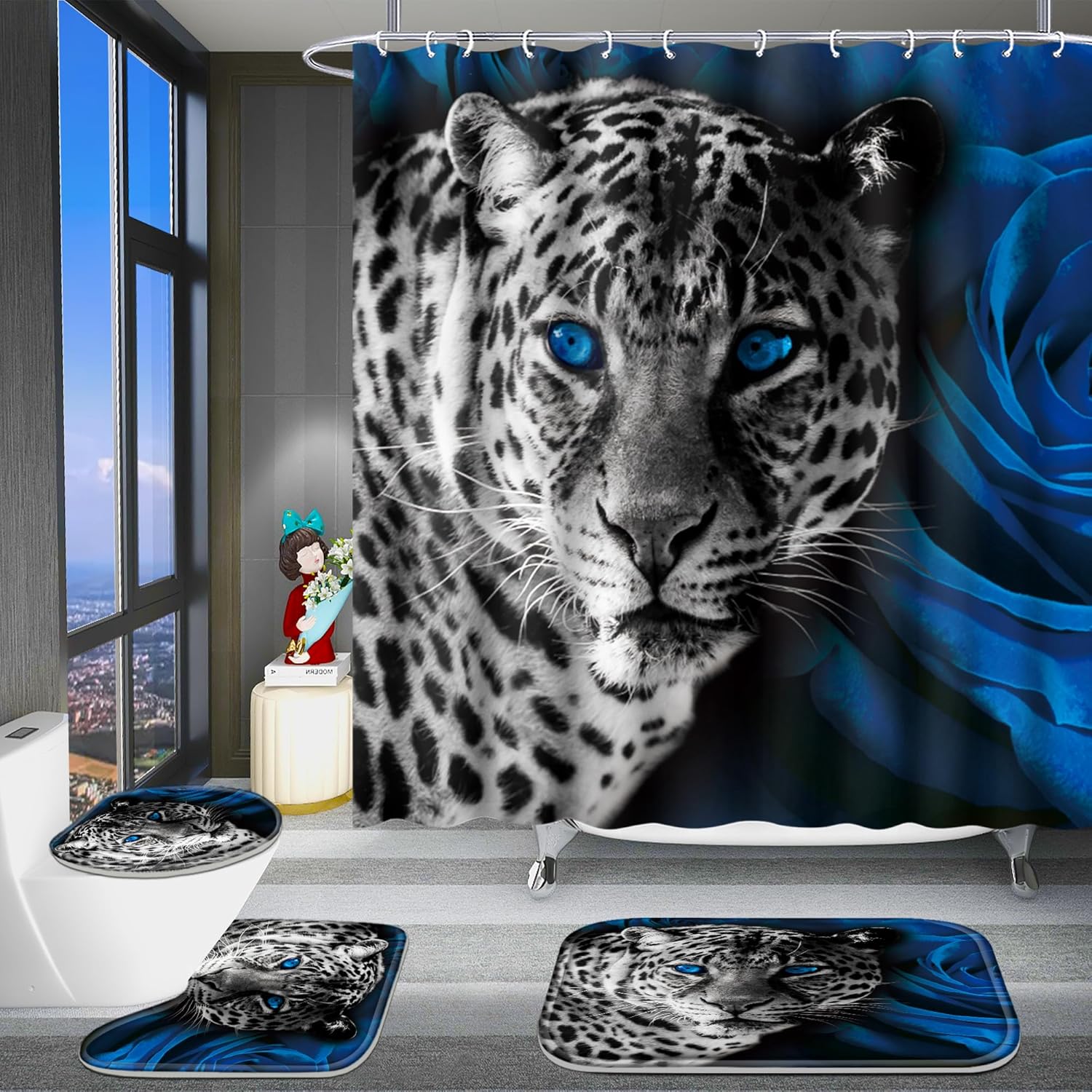 Poedist 4 Pcs Bathroom Set,Blue Rose and Leopard Shower
