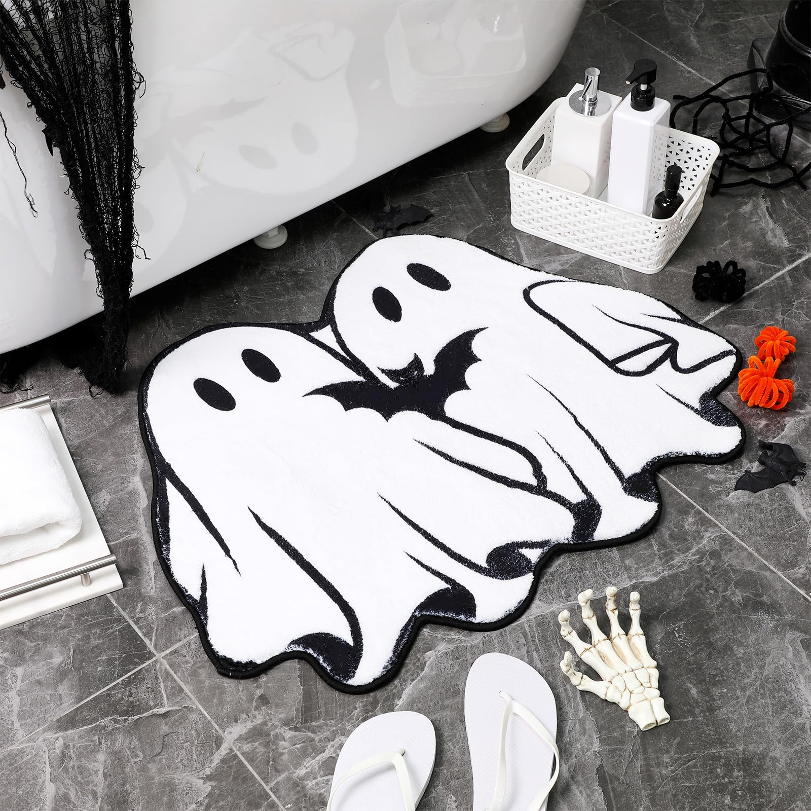 Drydiet Halloween Bath Rug 31.4 Inch Ghost Bat Pattern Goth Bath Mat Spooky Black White Gothic Bathroom Rug Non Slip Front Door Mat Carpet for Bedroom
