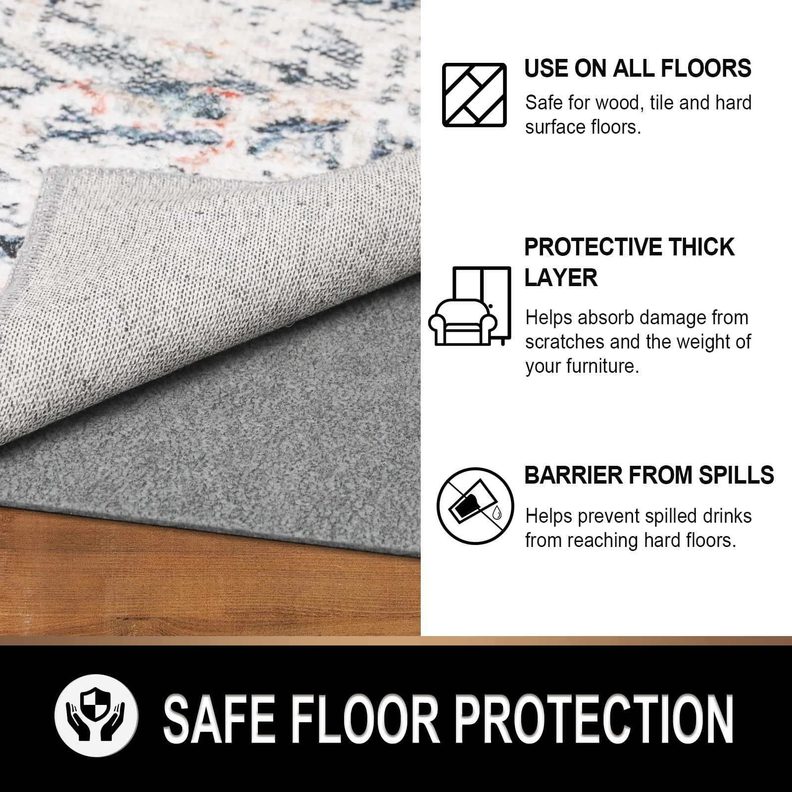 TREETONE Basics Teppich-Greifer, 2,4 x 3,4 m, 0,3 cm dicker zweiflächiger Filz + Gummigreifer – Polsterfilz für Premium-Komfort, sicher für alle Böden und Oberflächen einschließlich Harthölzer