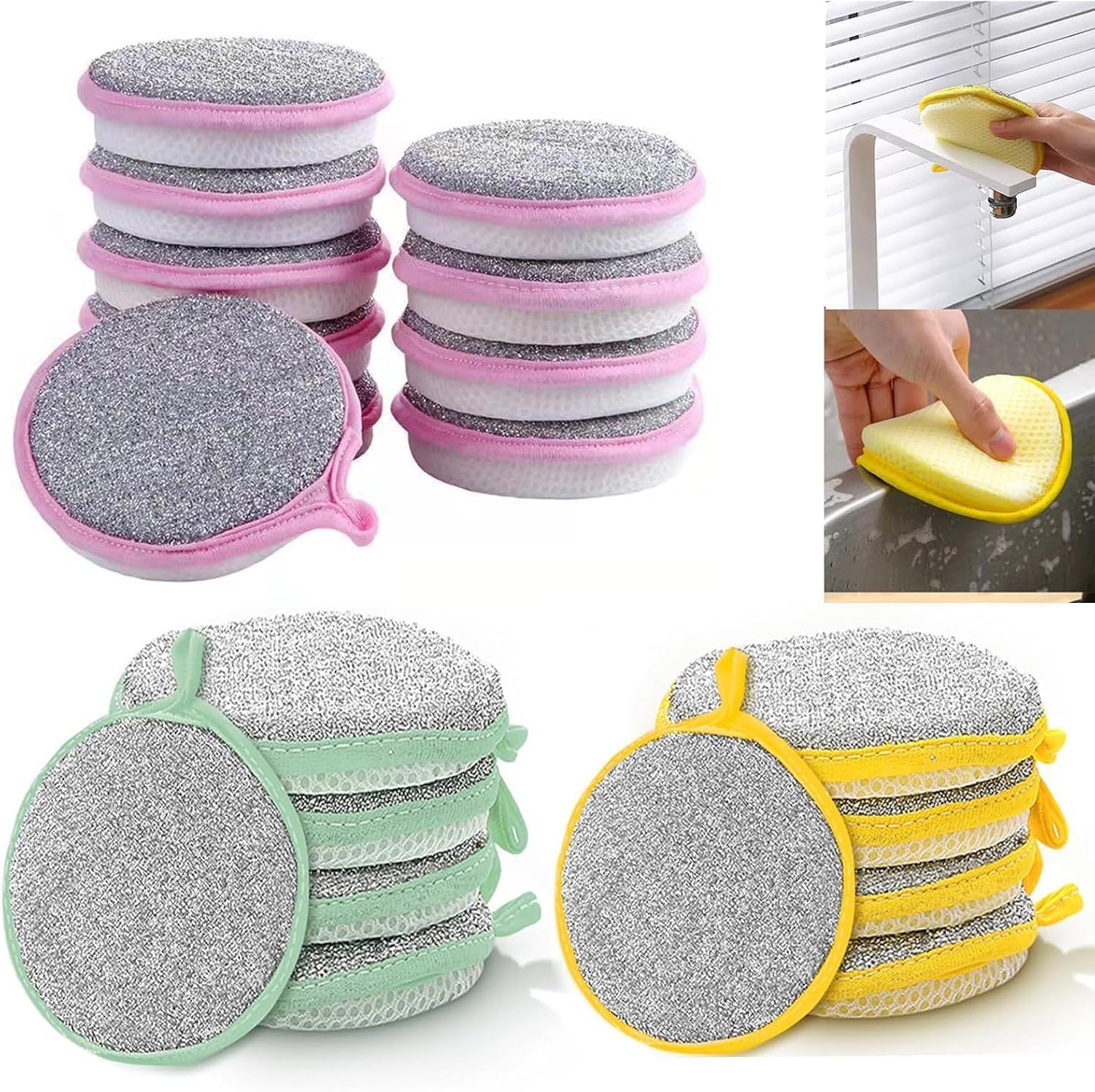 Double-Sided Cleaning Sponge Pads, Steel Scrubber Side with Soft Absorbent Sponge, Heavy Duty Dishwashing Scrub Pad for Removing Grease and Stubborn Stains from Kitchen Utensils, Pack of 5-picture-35
