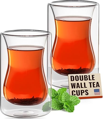 Eparé Tazas de té de vidrio transparente turco, juego de 2 tazas de café de vidrio transparente de doble pared, 6 onzas aisladas, vasos