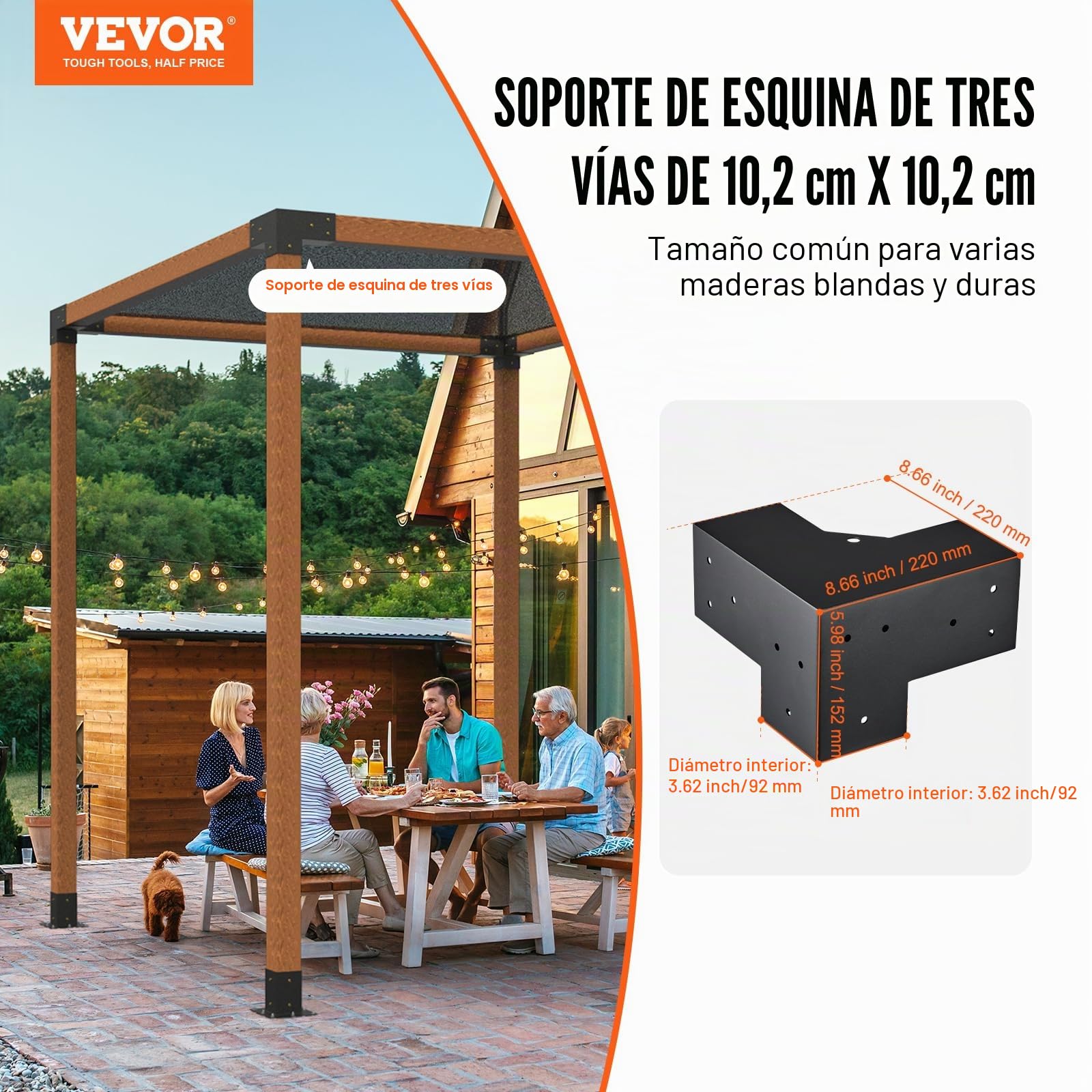 VEVOR 4PCS Kit de Soporte de Pérgola 4"x4" (10x10 cm) Soporte para Postes de Maderas 4 Soportes de Esquina de 3 Vías Postes de Madera Hardware de Bricolaje para Cenadores, Pérgolas de Patio, Cabañas