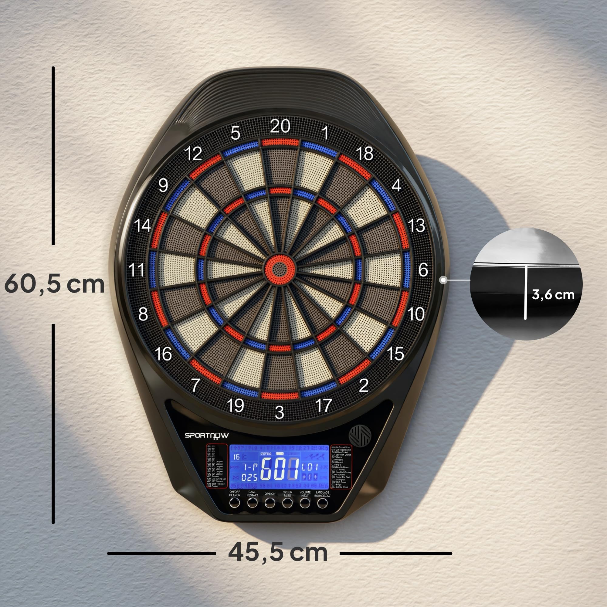 SPORTNOW Cible de Fléchettes Électronique avec écran LED XXL Lumineux Rechargeable, Jeu de Fléchettes Électronique pour 8 Joueurs, 6 projectiles, 24 Pointes, 34 Jeux, 2235 Variantes