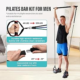 Pilates Bar Kit with Resistance Bands - Adjustable 39 Steel Bar & 6 Stackable Bands (40-180lbs), Full Body Pilates Kit for Home Workouts for Women & Men, Portable Pilates Reformer Strength Training