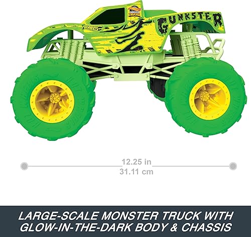Miniatura 3 de Hot Wheels Monster Trucks - Camión Gunkster RC a escala 115, brilla en la oscuridad, neumáticos de acción de terreno con capacidad todoterreno