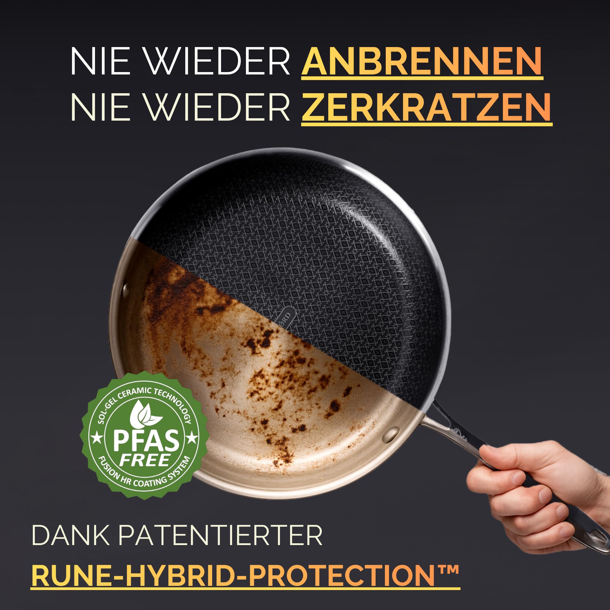 NYORD Edelstahlpfanne - Antihaft, Kratzfest, Pfanne Wabenstruktur, Spülmaschinenfest, Hybrid Bratpfanne, Keramik Beschichtung, PTFE & PFOA frei, Ofenfest, für Induktion, Gas & Ceran, mit Deckel - 28cm