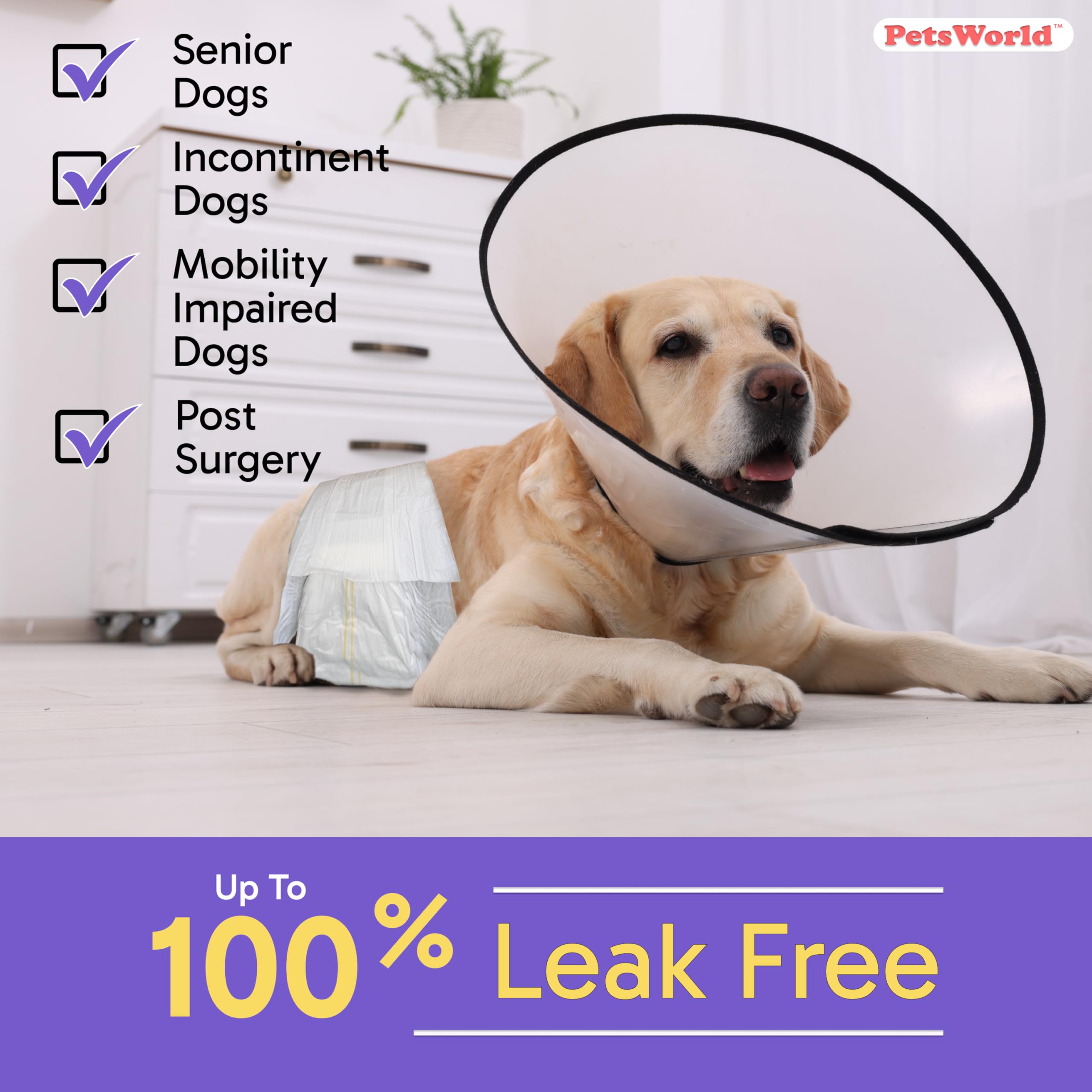 PetsWorld Pañales desechables para perros machos, tamaño mediano, 100 unidades, superabsorbentes, amigables con el pelo, con indicador de humedad, envolturas ajustables para perros para incontinencia