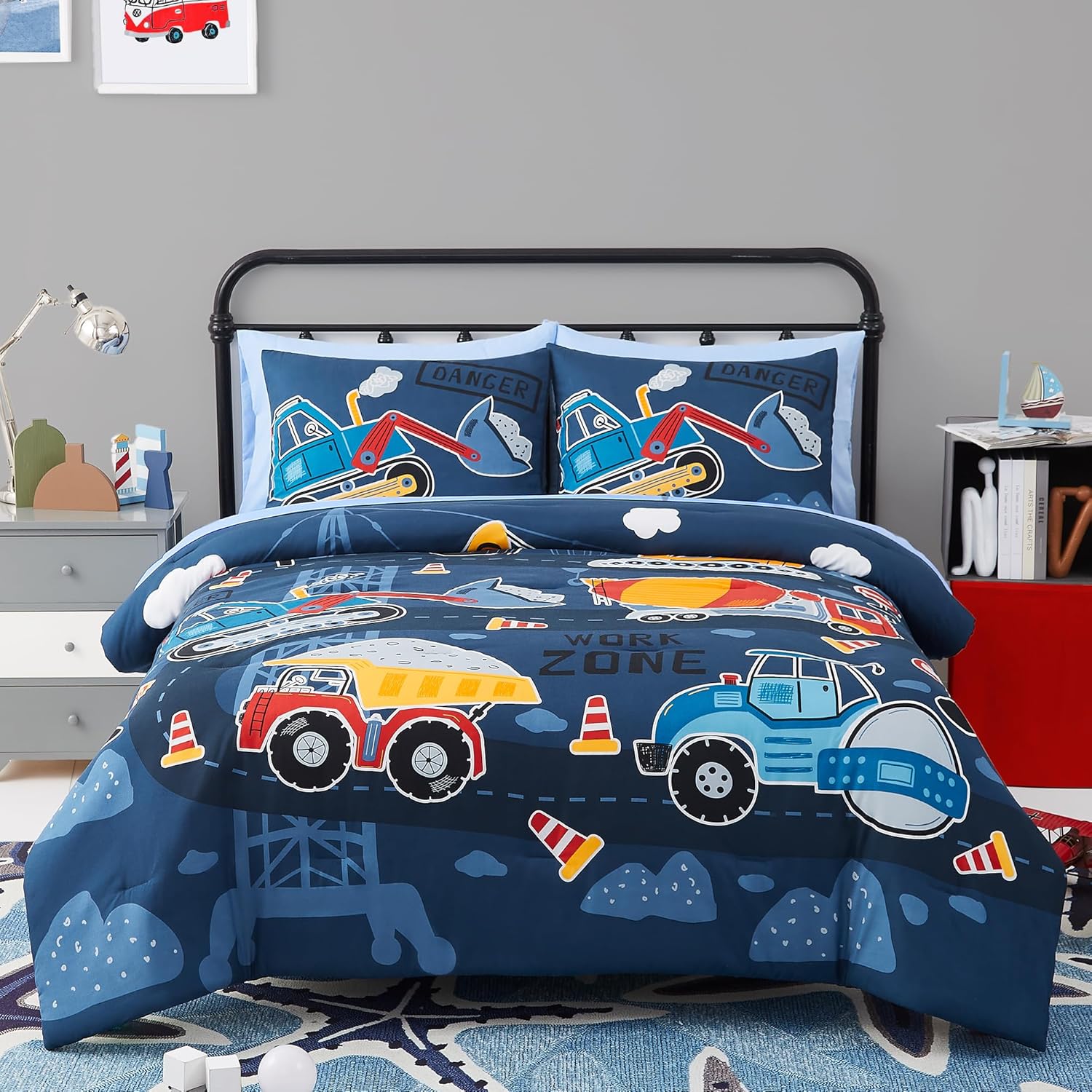 Truck Tractor Excavator Full Size Comforter Sets - Bedding Sets Full 7 Pieces for Boys, Glow in The Dark Bed in A Bag Full Size for Kids, Teens Truck Full