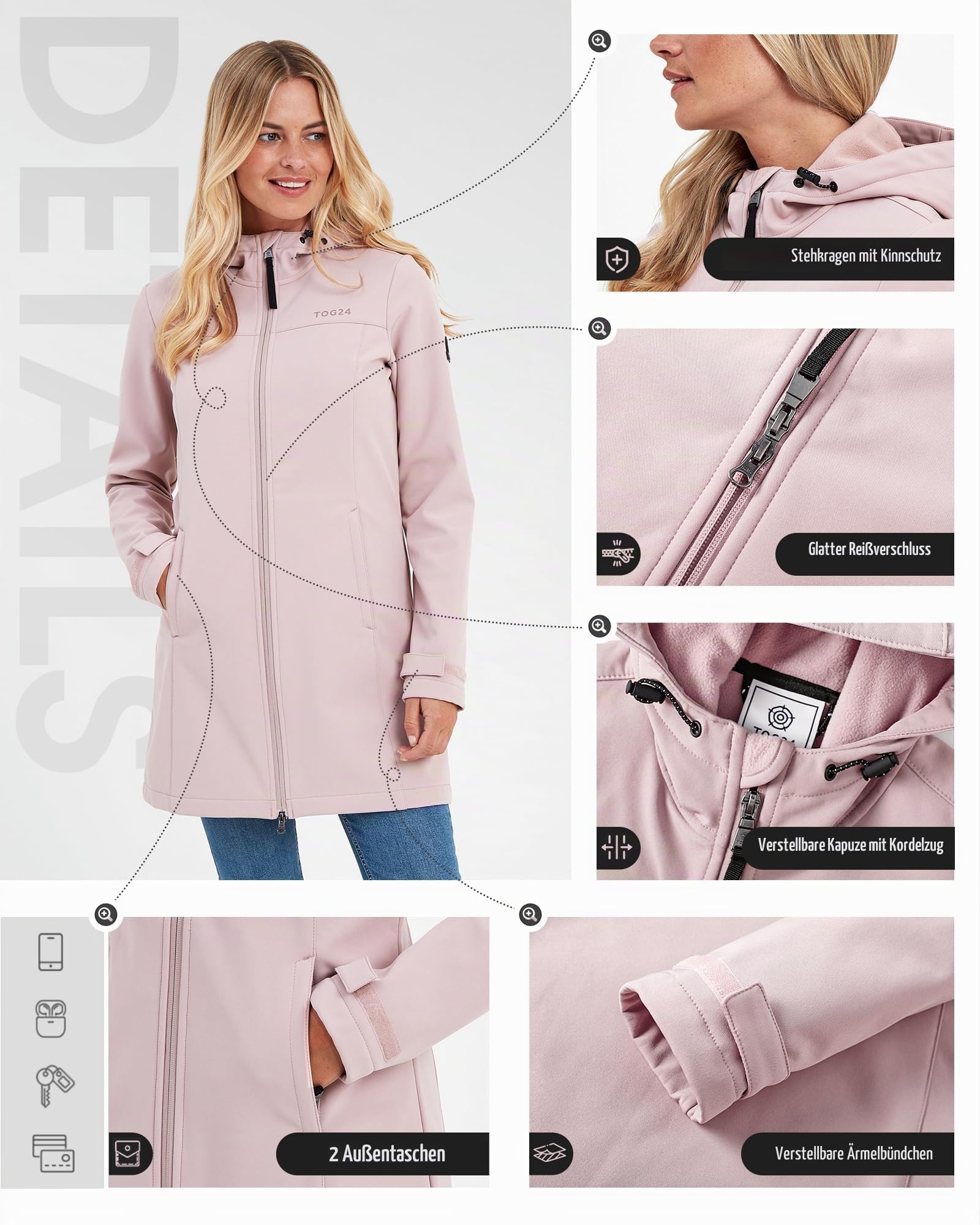 TOG24 Keld Damen Softshelljacke mit Kapuze Wasserabweisend Outdoor Lang Übergangsjacke Fleece Gefütterte Wanderjacke Atmungsaktiv Winterjacke Outdoorjacke