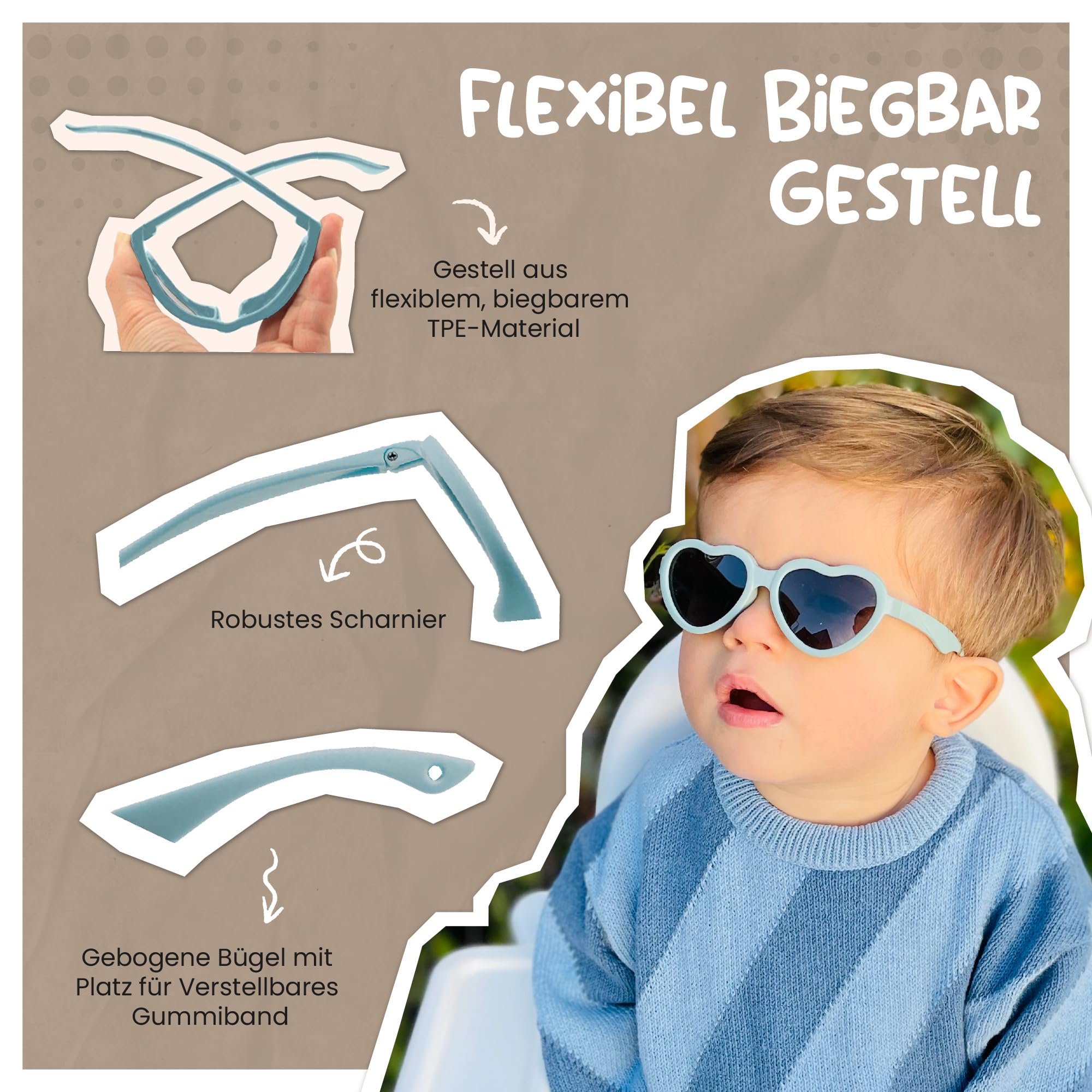 Baby Sonnenbrille für 0-2 Jahre - UV400 Polarisierter Schutz - Flexibler und Biegsamer Rahmen - Verstellbares Gummiband - Sichere und Bequeme Babysonnenbrillen - Herz - Maes