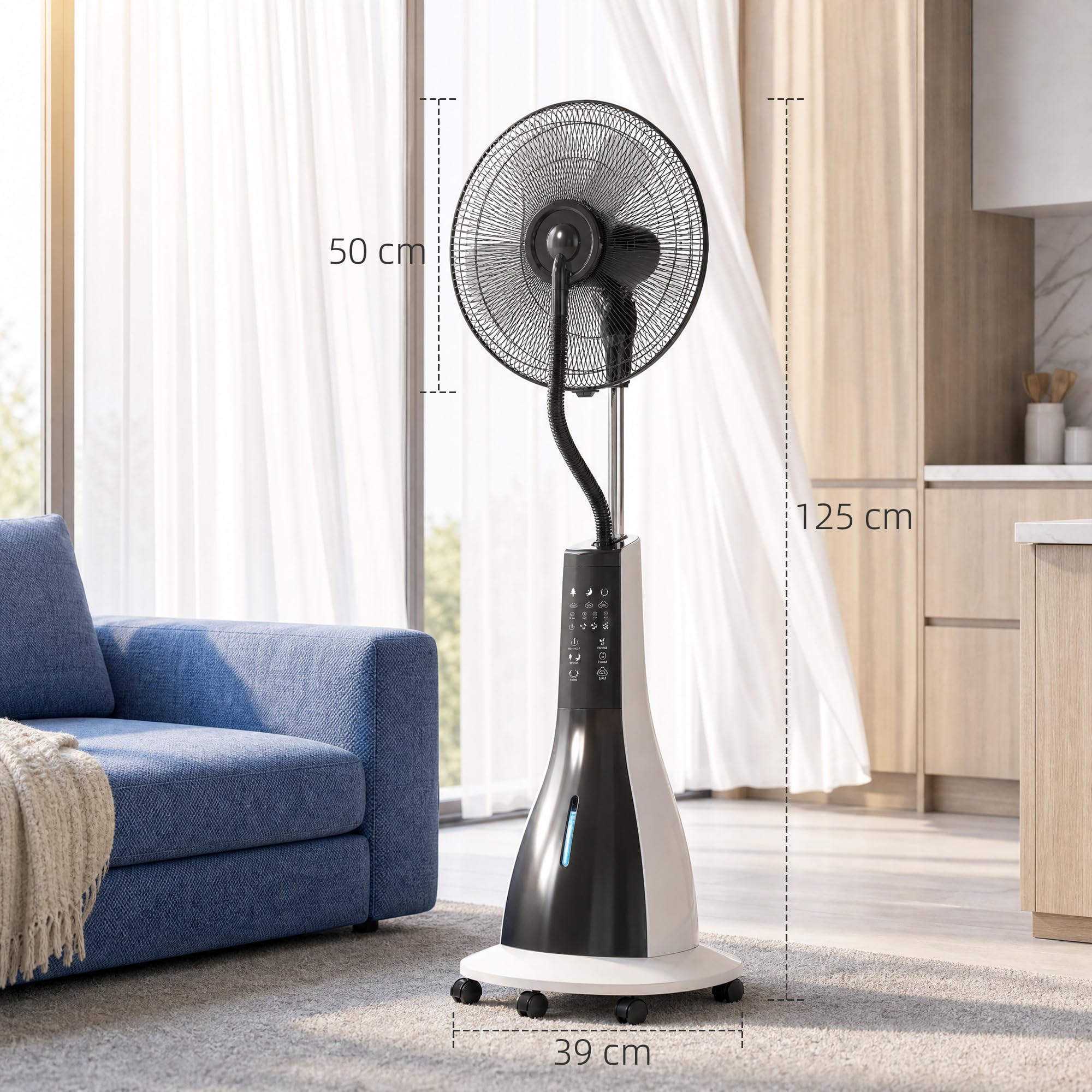 HOMCOM Ventilatore Nebulizzatore con Serbatoio da 3L, 3 Velocità e 3 Modalità, Ventilatore a Piantana con Ruote, Timer 7.5h, Oscillazione 75°, Inclinazione 15°, Display LED, Telecomando, 90W, Ø50cm