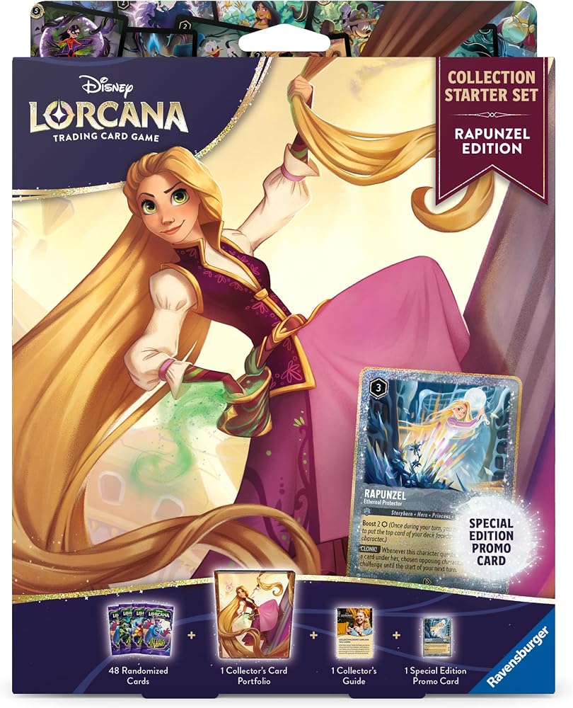 Ravensburger Disney Lorcana TCG: Collection Starter Set - Rapunzel Edition - 4 Booster Packs, Rapunzel Promo Card, Portfolio, Collector's Guide - Trading Card Game & Disney Collectible - Ages 8+