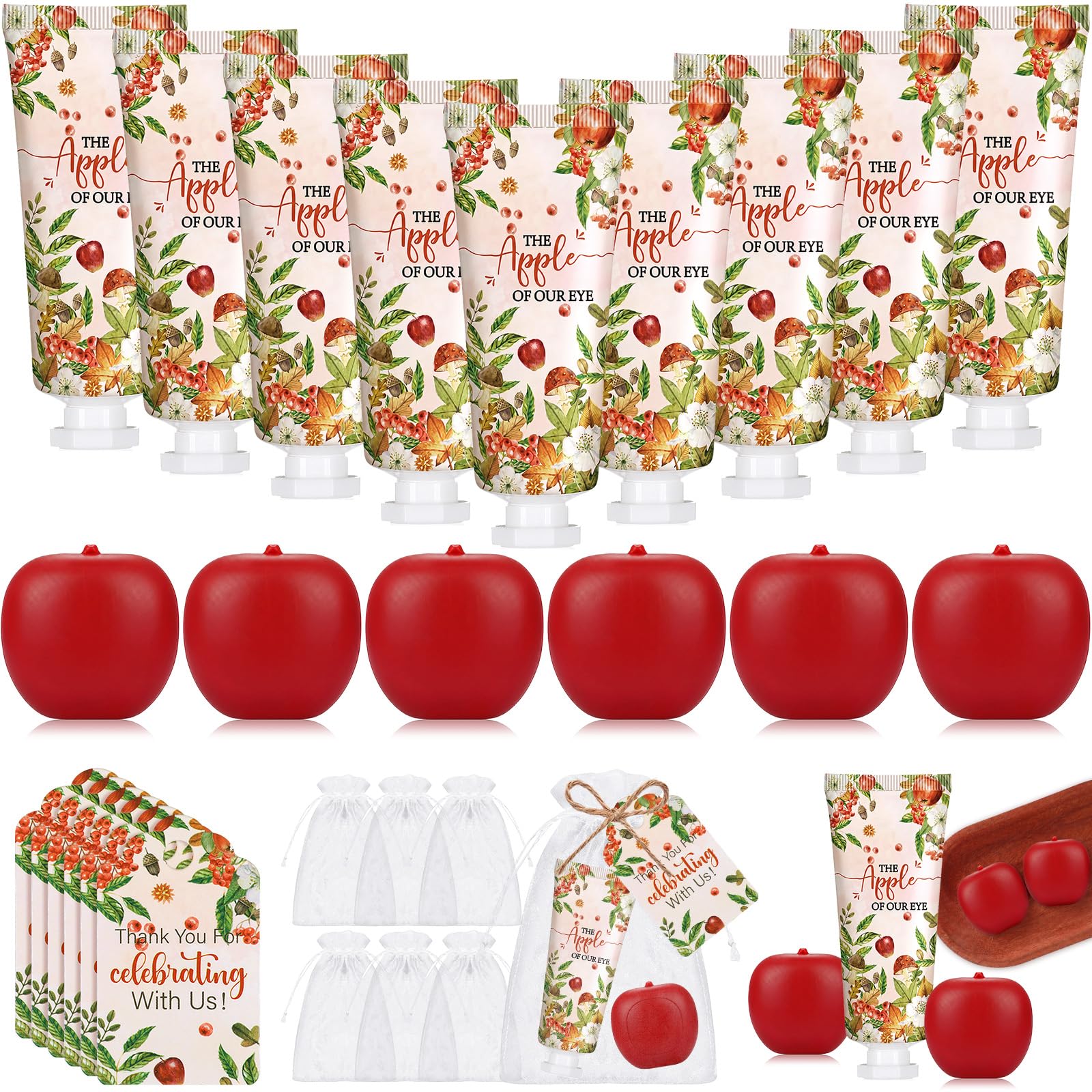Leelosp 24 Set/96pcs Apple of Our Eye Baby Shower Favors, Apples Baby Shower Hand Cream and Soap Gifts Bulk with Organza Bags and Thank You Cards, Fall Party Supplies for Guest (Red, Apple) Red Apple