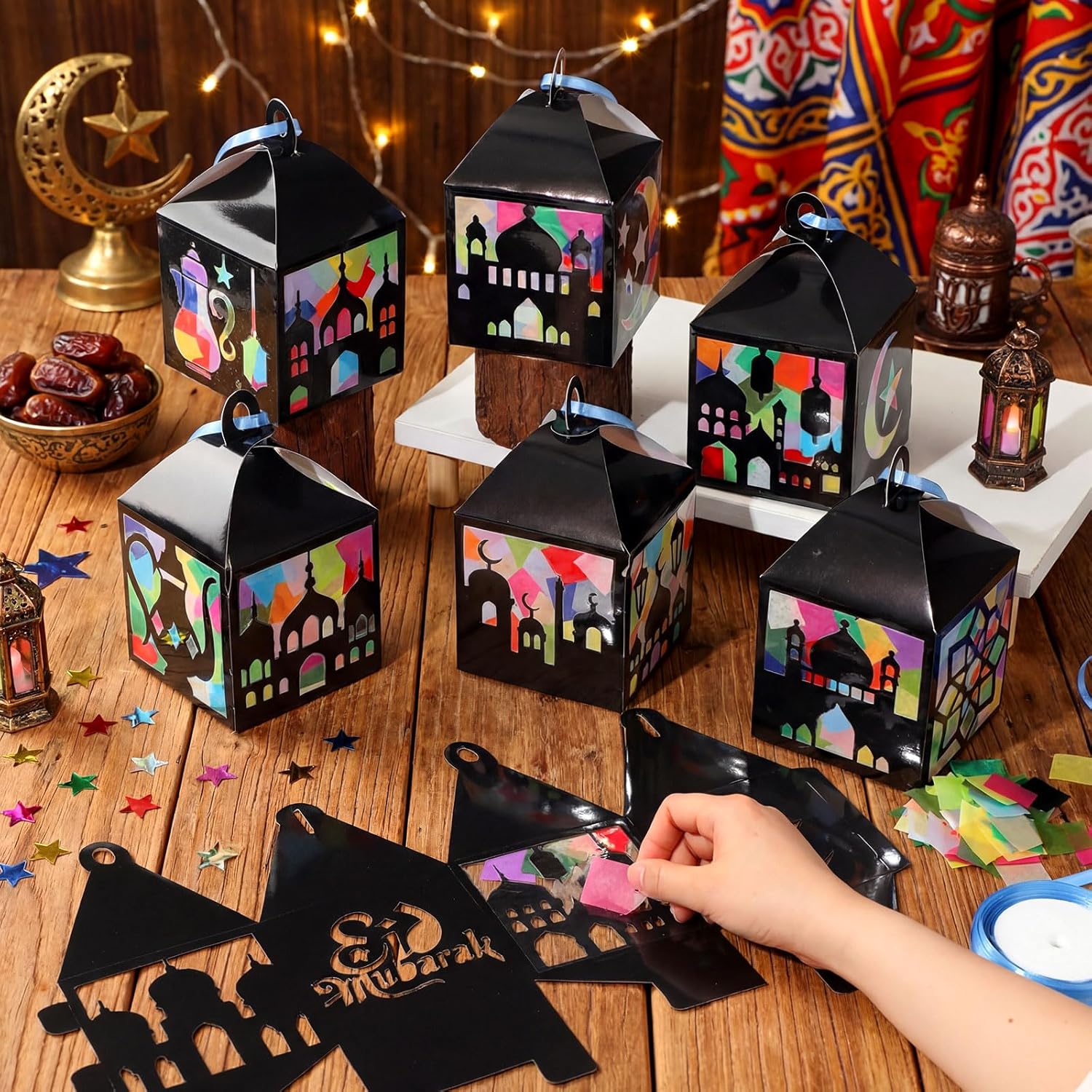 Gersoniel 24 Set Eid Mubarak Crafts Ramadan Suncatchers Tissue Paper Craft Kit DIY Lanterns Craft Ornaments Hanging Decorations for Eid Al-fitr Activities Party Decor Gifts Favors Supplies - Image 2