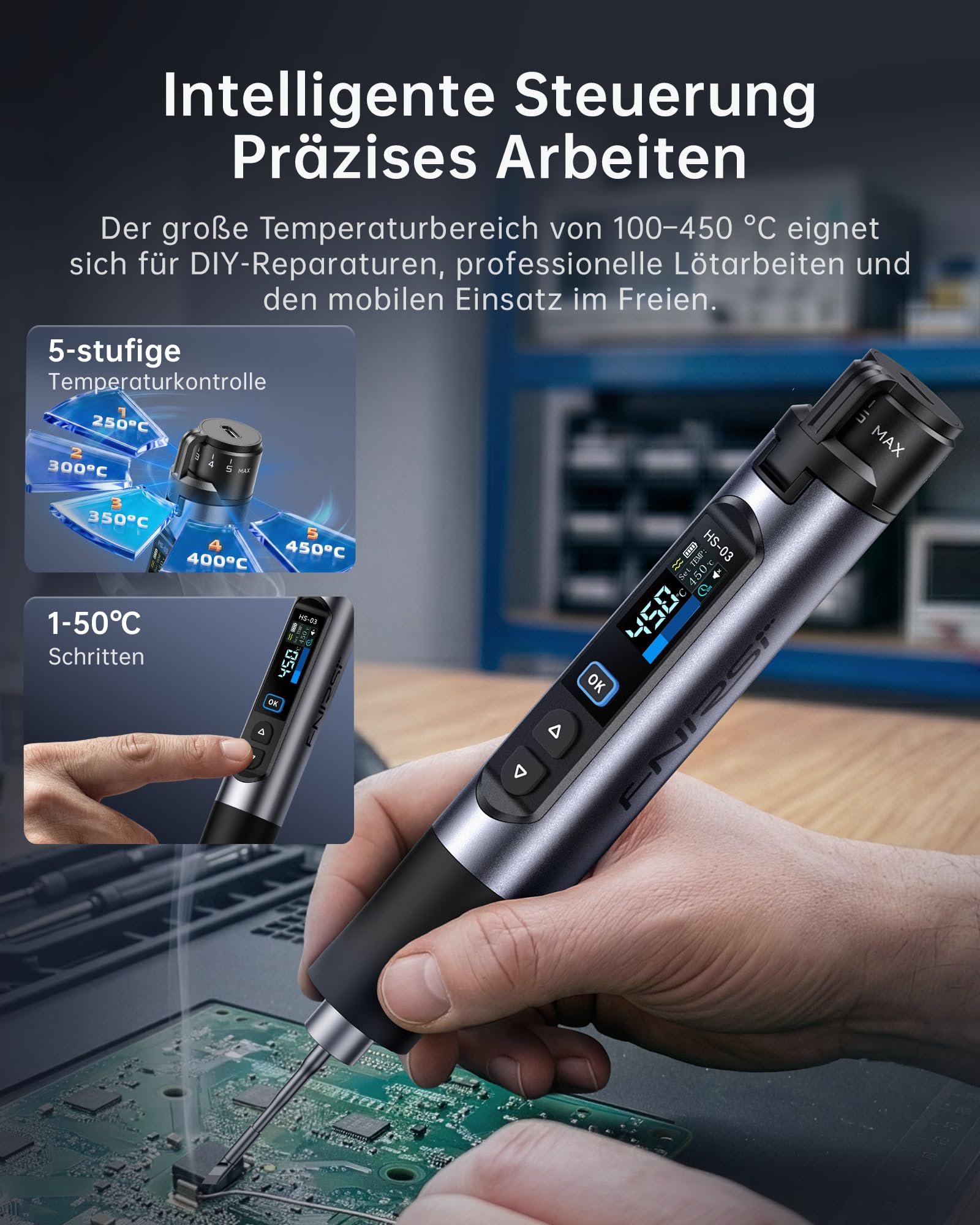 FNIRSI HS-03 Akku Lötkolben Set, kabelloser Lötkolben mit 2600mAh Akku, 100–450°C, 3s schnelles Aufheizen, 5 Temperaturstufen, 0,96" IPS Display, tragbarer Lötkolben für Elektronik, DIY, PCB