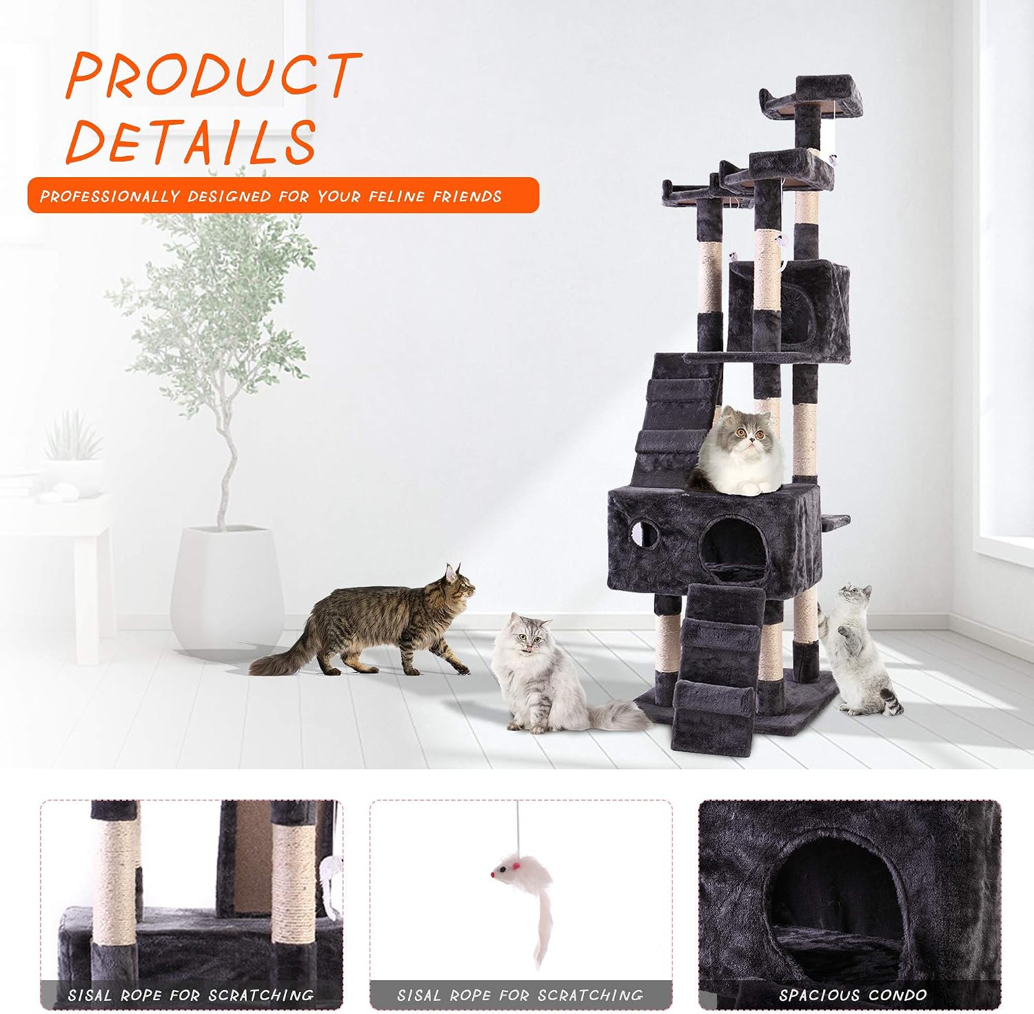 JAXPETY 67”H Multi-Level Cat Tree Cat Tower, Kitten Condo House with Scratching Posts, Kitty Pet Play Activity Center, Gray