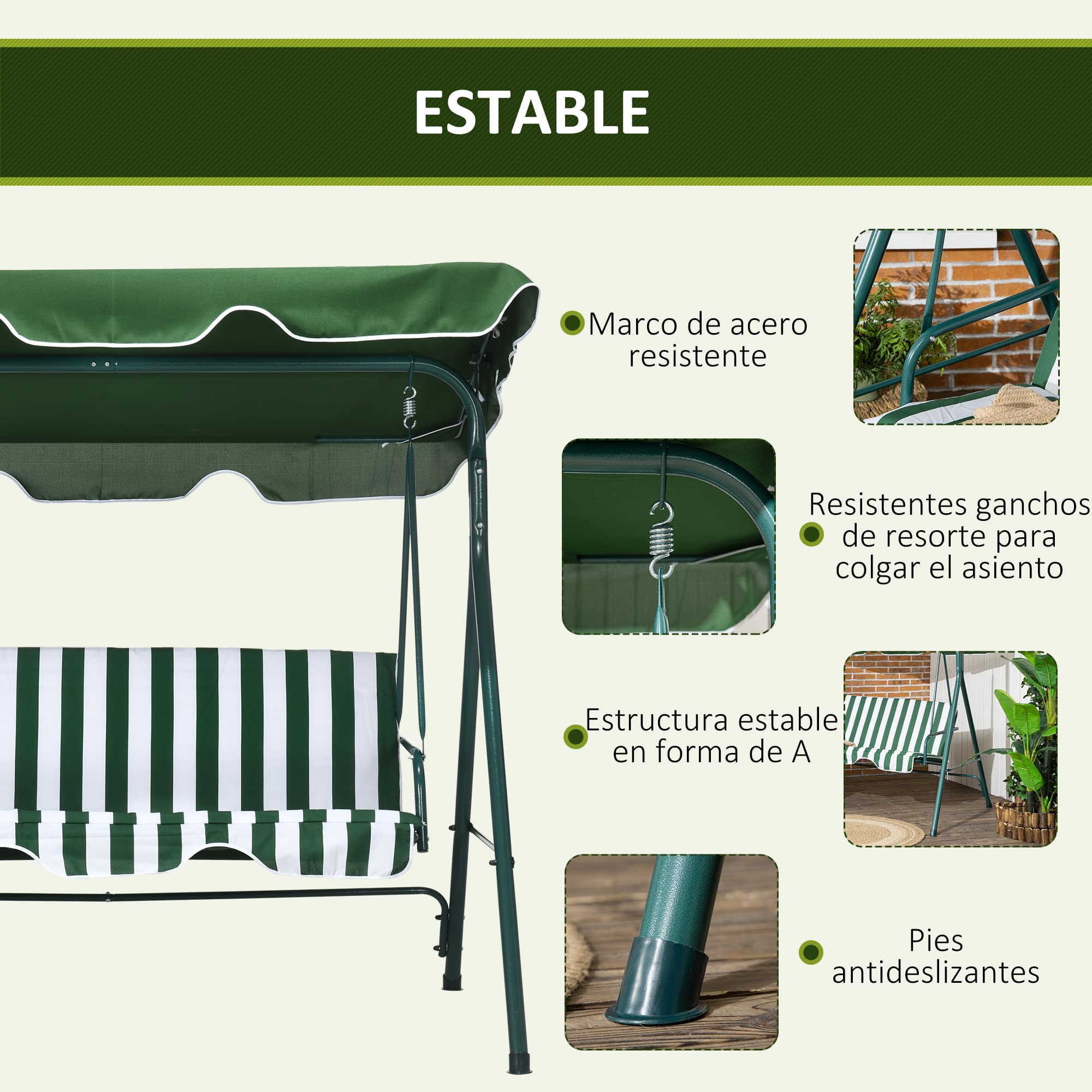 Outsunny Columpio Balancín de Jardín Exterior de 3 Plazas con Cojín Techo Ajustable y Marco de Acero para Balcón Terraza Patio Carga Máx. 300 kg 172x110x153 cm Raya Verde (84A-054V03GN)