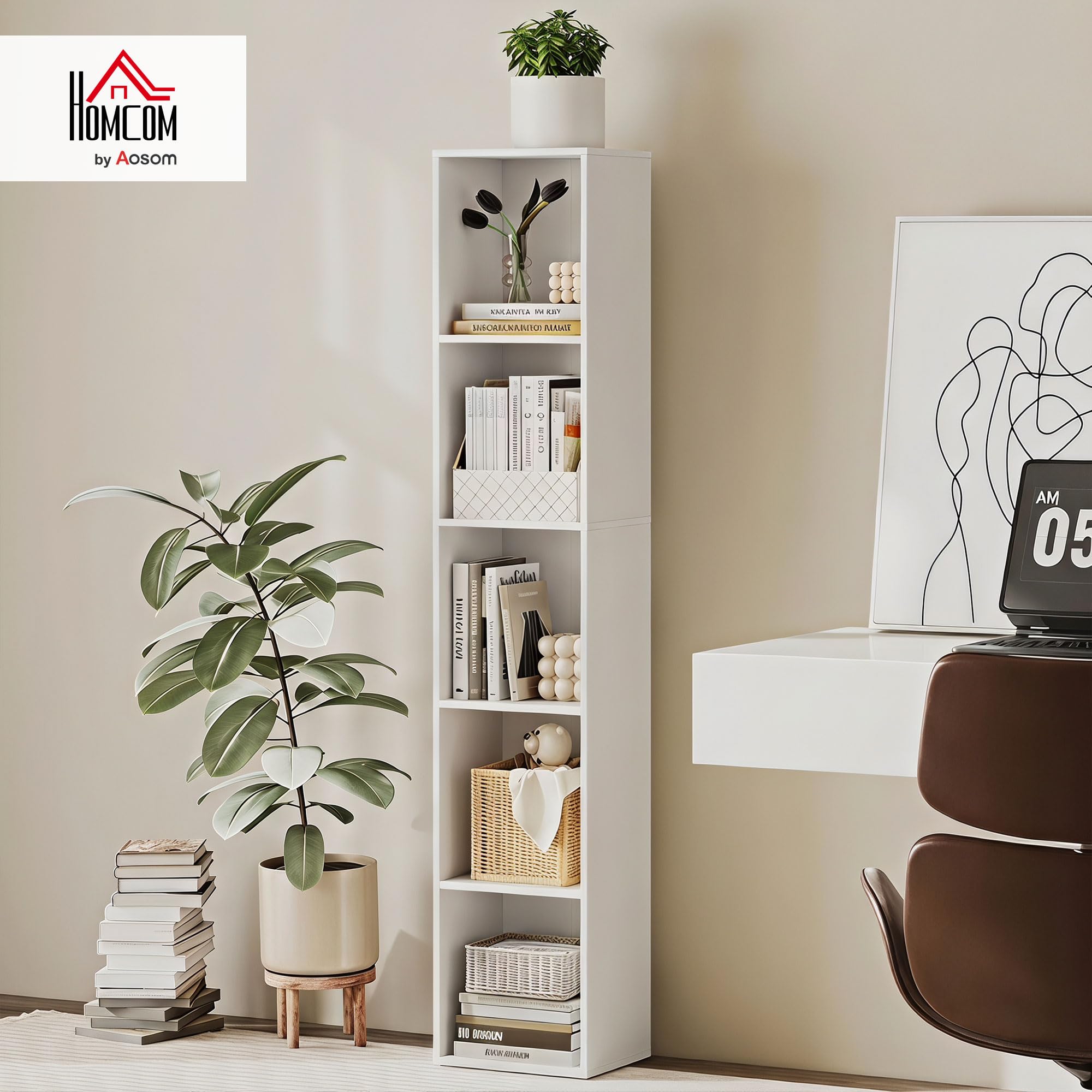HOMCOM Libreria Scaffale a 6 Ripiani Salvaspazio 30x24x159 cm Bianco | Libreria Verticale, Scaffale Portaoggetti, per Soggiorno Camera da Letto Ufficio Studio