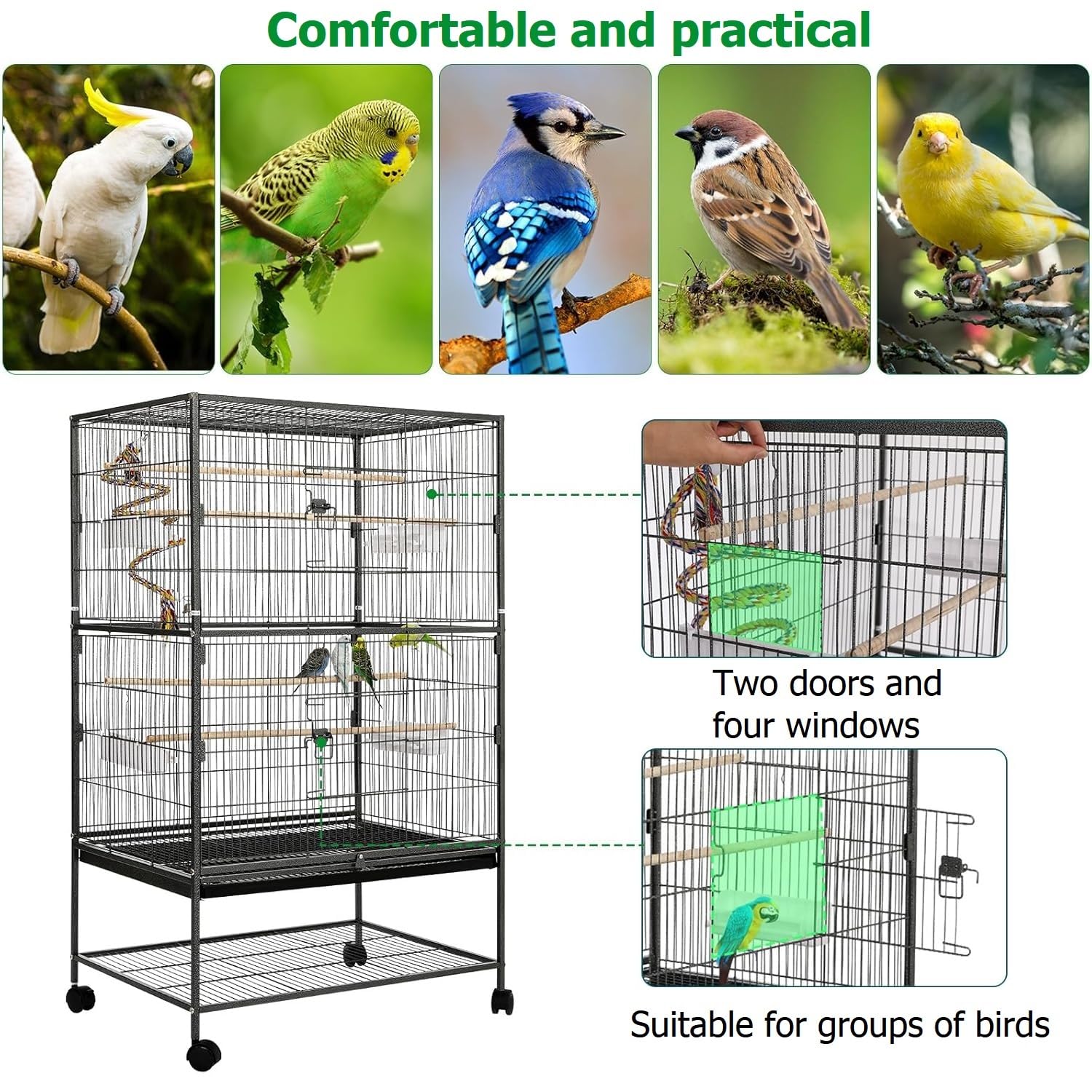 LIFERUN Jaula para Pájaros, Jaula Pajaros Grande con 4PCS Ruedas, 2 Puertas, 4 Comederos, 4 Perchas, Rejilla Extensible, para Loros Canarios Periquitos, Metal Jaula Pajaros, 132 x 78 x 52CM (Negro)