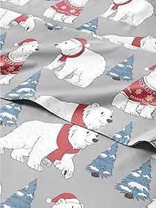 Split King Christmas Santa Bears Sheet Set - Holiday Xmas Pattern Bedding Set - Deep Pockets - Snug Fit - 5 Piece - Wrinkle Free - Comfy Festive Winter - Holiday Sheets for Women, Men, Kids & Teens