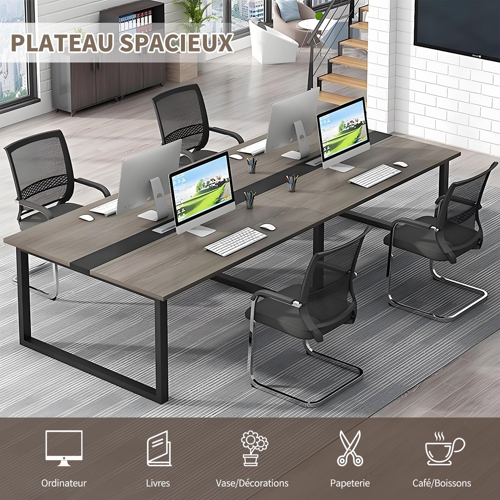 Table de Réunion Grande, Table de Conférence Rectangulaire, pour 8 à 12 Personnes, avec Gestion de Câbles et Structure en Métal Noir, Mobilier pour Bureau et Salle de Conférence