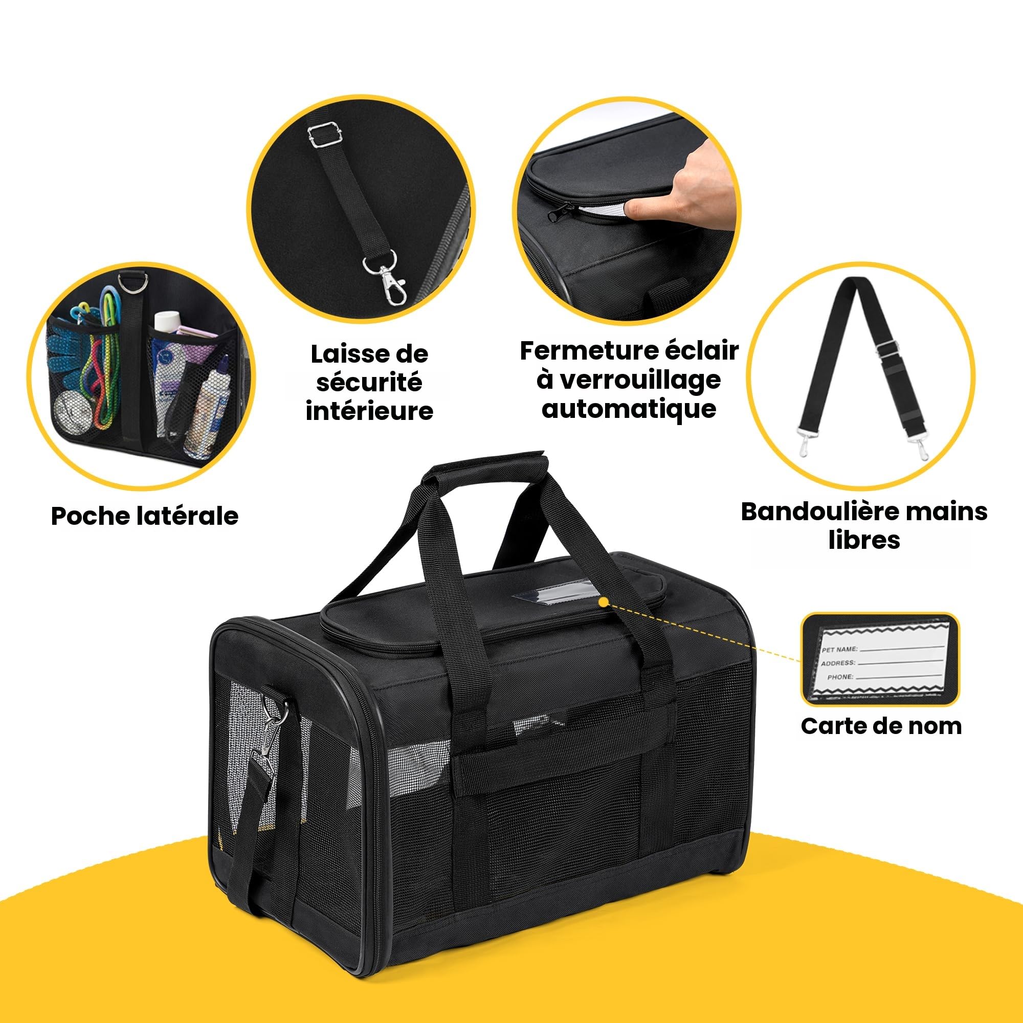 Conlun Porte-Chat Approuvé, Transport pour Chien Souple avec Laisse intérieure, pour Chats et Chiots Jusqu’à 7 kg, Sac de Voyage Pliable -Noir, M