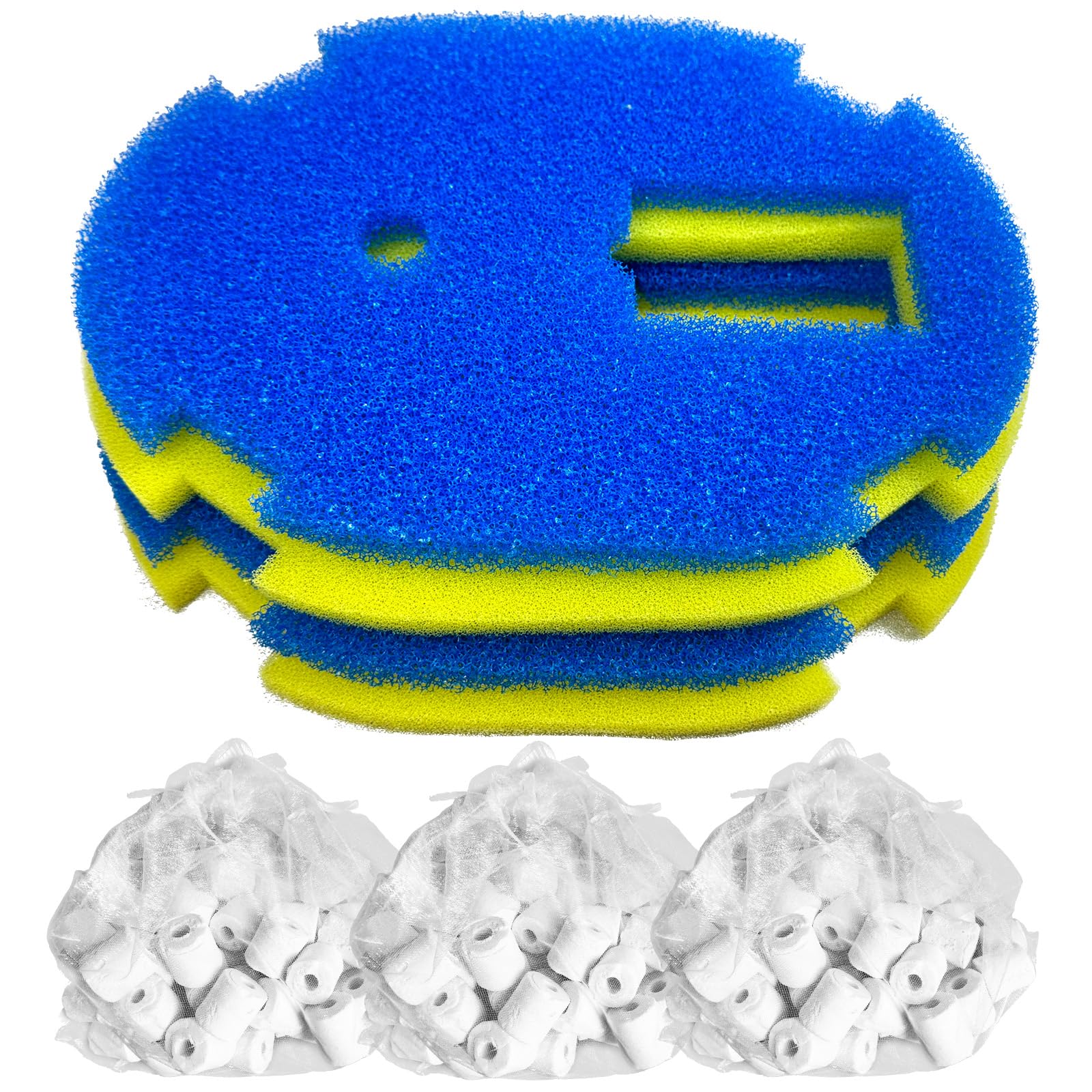 AquaMiracle Filtro de repuesto para filtro de estanque, incluye 2 esponjas gruesas, 2 esponjas finas y 3 anillos de cerámica, para modelos MF1500/2000/3000 y HJF1500/2000/3000PF