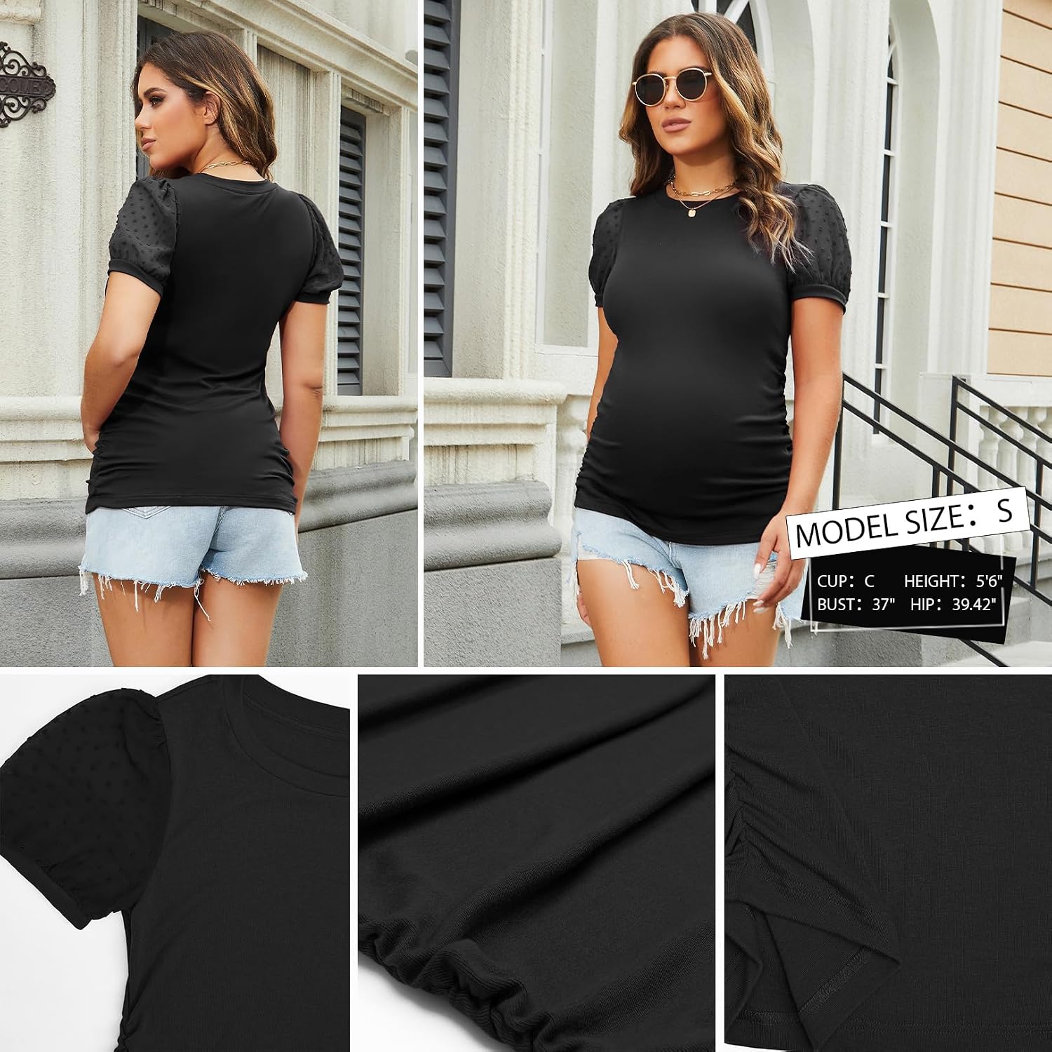 Bhome Maternity Puff Sleeve Summer Tops Crew Neck Swiss Dot Lace Shirts
