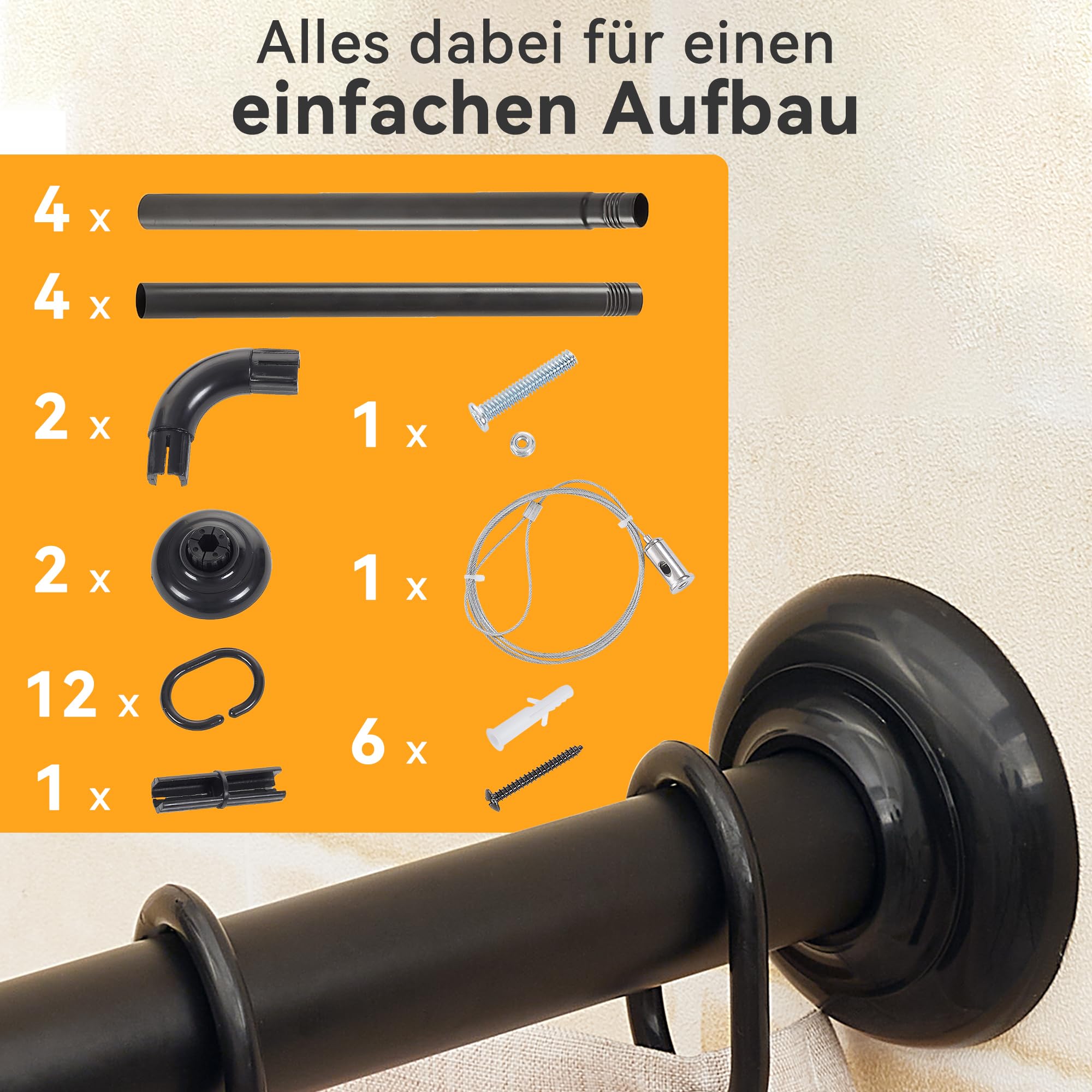 Duschvorhangstange U Form Duschstange 88x176x88 cm | Eckduschstange aus Stahl, Matt Schwarz | Inkl. Deckenstütze & 12 Haken | Montageset