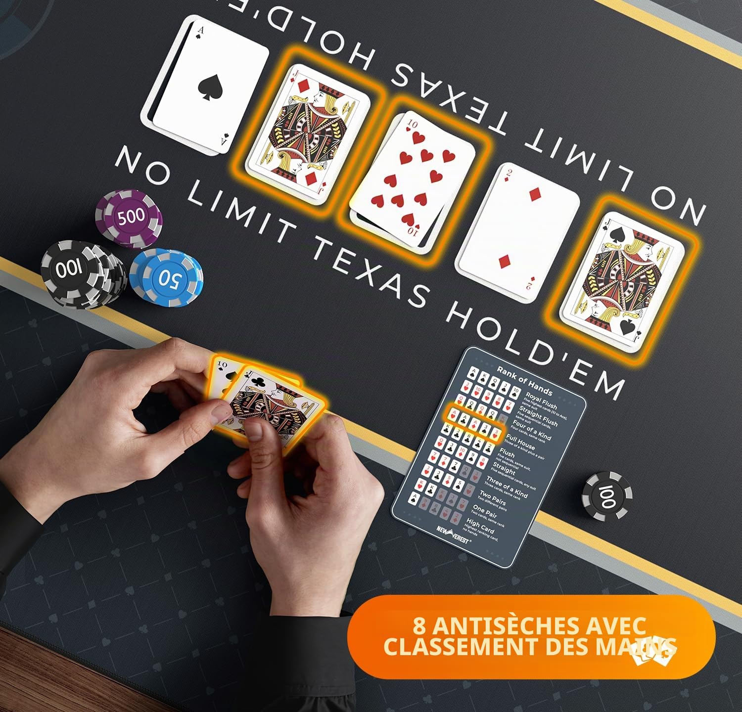 Newverest Tapis de Poker Texas Hold’em 180 × 90 cm – Tapis de Table de Casino pour Jusqu’à 10 Joueurs, soirées Jeux à la Maison | Tapis de Poker avec Housse Zippée, 8 sous-Verres, Coffret Cadeau