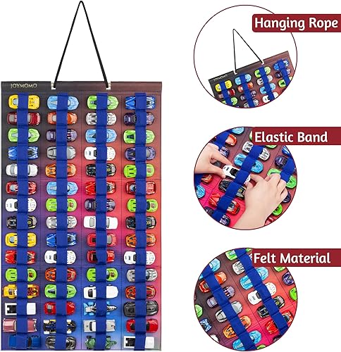 Miniatura 3 de Organizador de almacenamiento colgante para autos de juguete, vitrina de fieltro con capacidad para 60 autos de juguete (sin accesorios) (colorido)