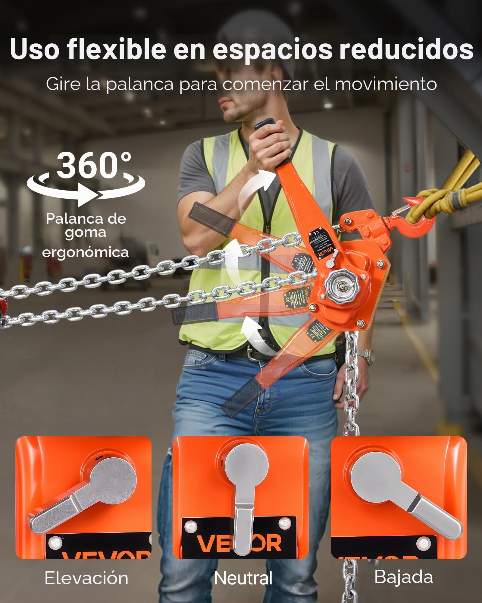 VEVOR Polipasto de Cadena Manual de Palanca, 6 T, Elevación 6 m, con Freno Mecánico de Doble Trinquete, con Ganchos Giratorios de 360°, para Almacén, Construcción y Garaje, 730 x 145 x 200 mm