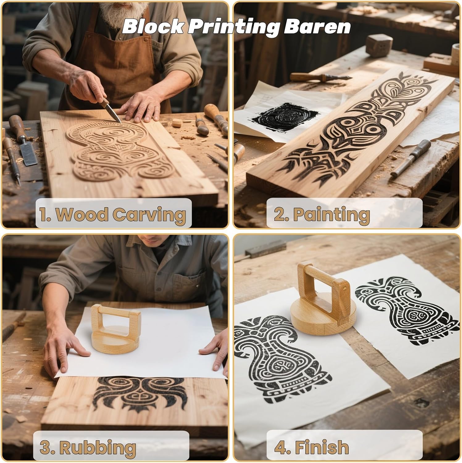 Tlence 2 Pack Block Printing Baren, 4 Inch Wood Barens for Printmaking, Hand Press Printing Tool with Ergonomic Handle for Linocut, Crafting, Scrapbooking, Ink, Stamping