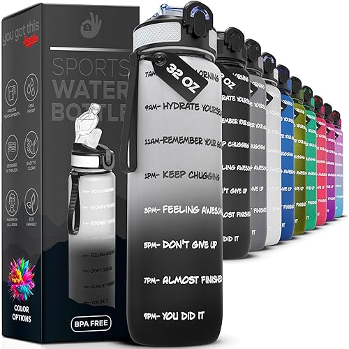 Motivational Water Bottle with Time Marker, 32 oz Water Bottle, Sports Water Bottle with Spout, Achieve All-Day Hydration SpillProof, BPA FREE