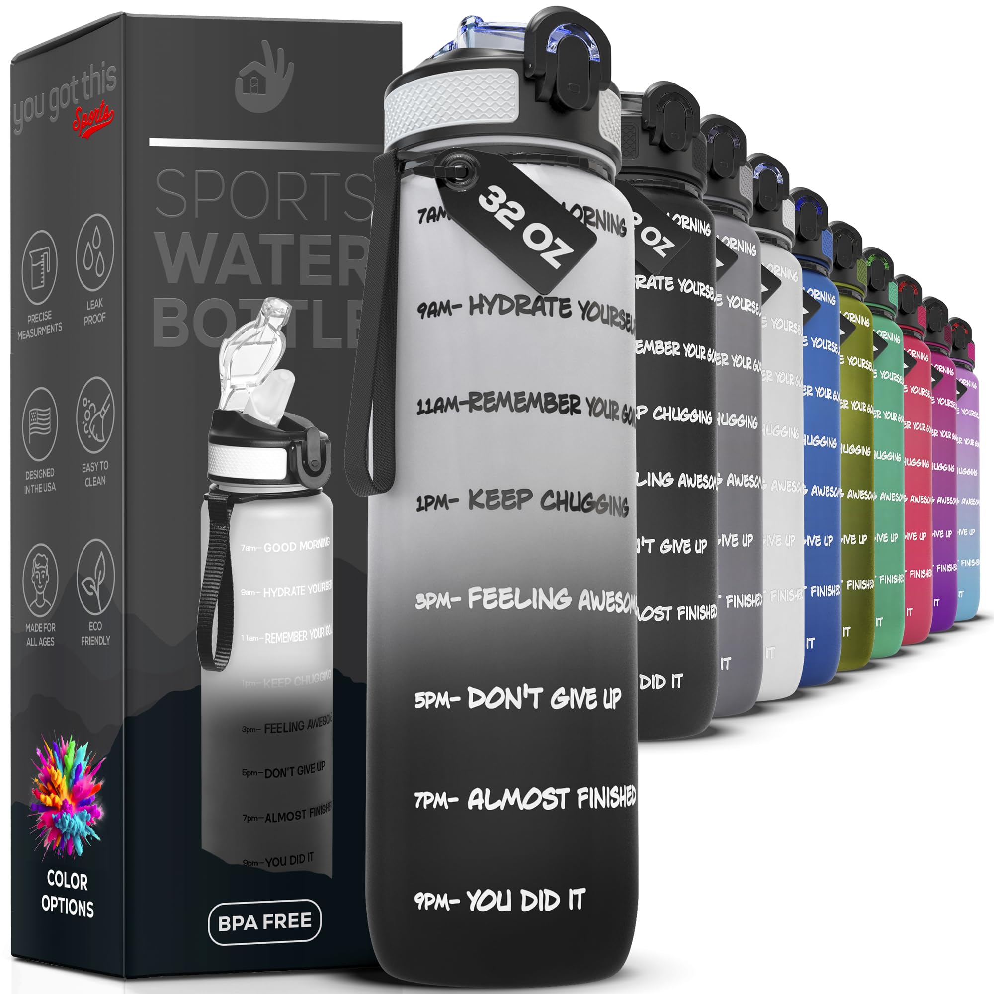 Motivational Water Bottle with Time Marker, 32 oz Water Bottle, Sports Water Bottle with Spout, Achieve All-Day Hydration SpillProof, BPA FREE