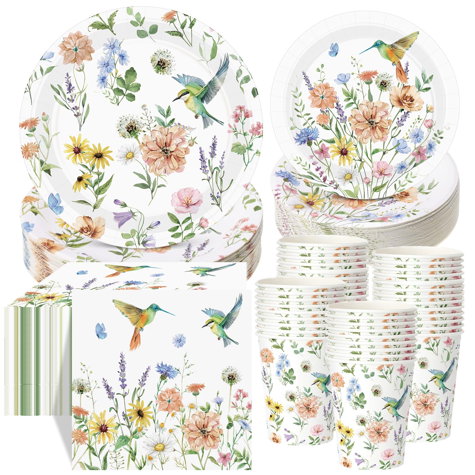 Pickmesh 250 Pcs Spring Wildflower Decoration Floral Hummingbird Themed Disposable Paper Plates Napkins and Cups Dinner Tableware for Birthday Party Dinnerware Birthday Baby Shower Tea Party Supplies