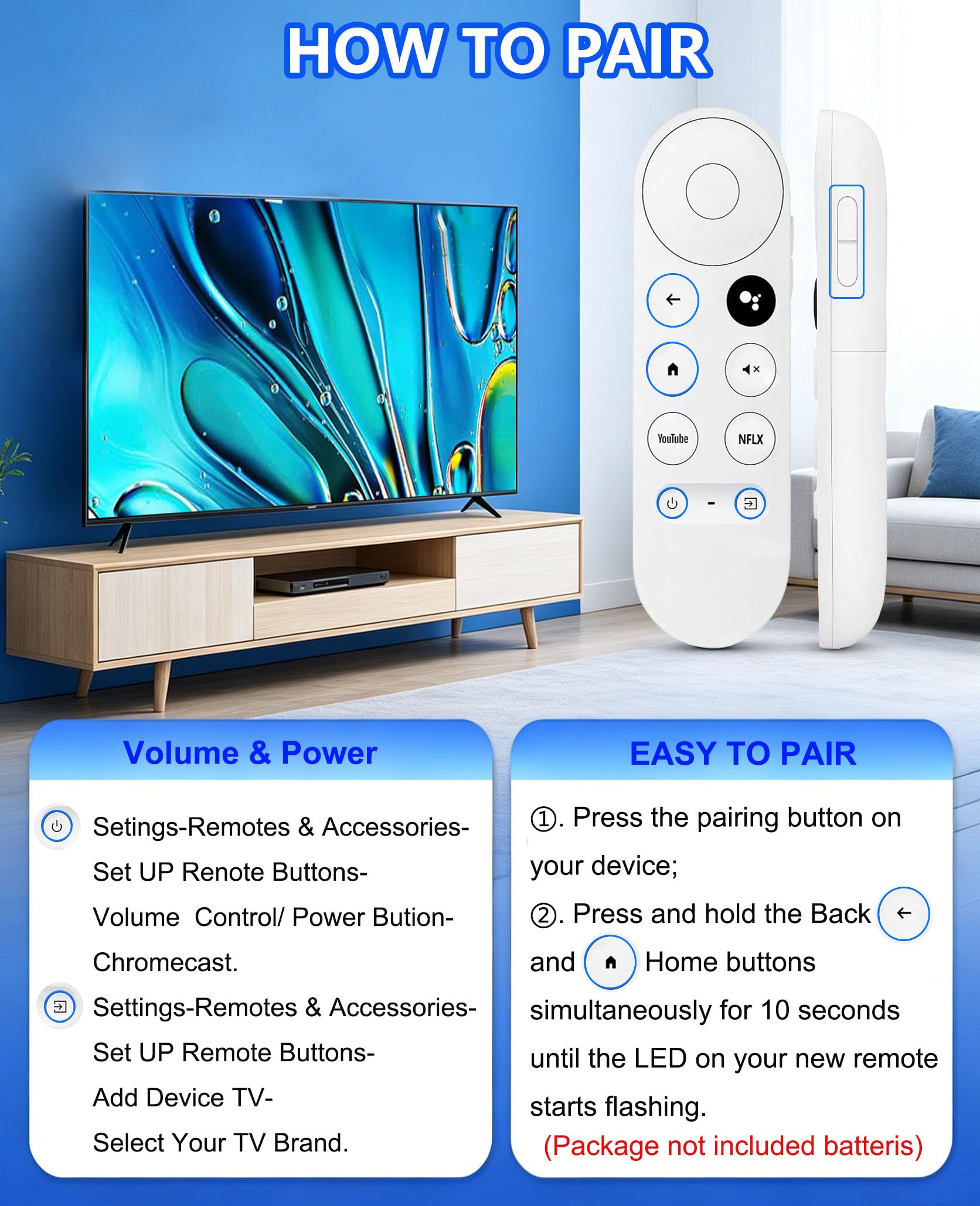 Télécommande vocale pour Google Chromecast TV 4K (Snow), télécommande de rechange pour Google Chromecast 4K Snow HD TV G9N9N GA01409-US GA01919-US GA01920-US GA01923-USGA01409-US